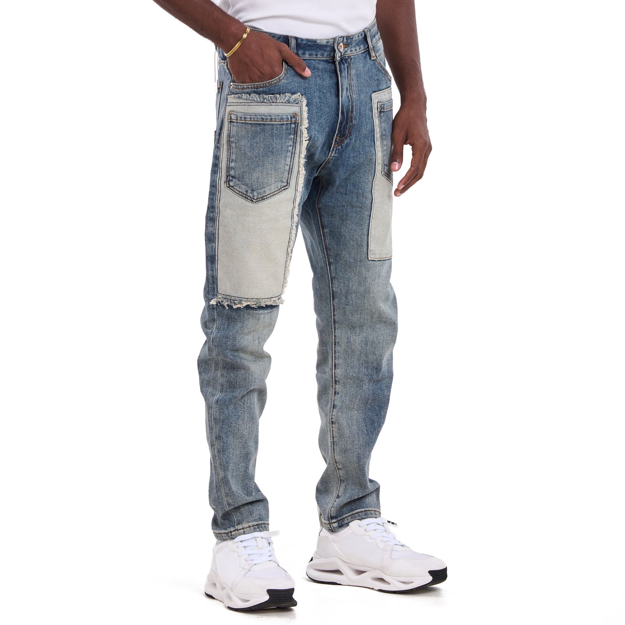Washed Blue Pockets Patchwork Slim Fit Jeans