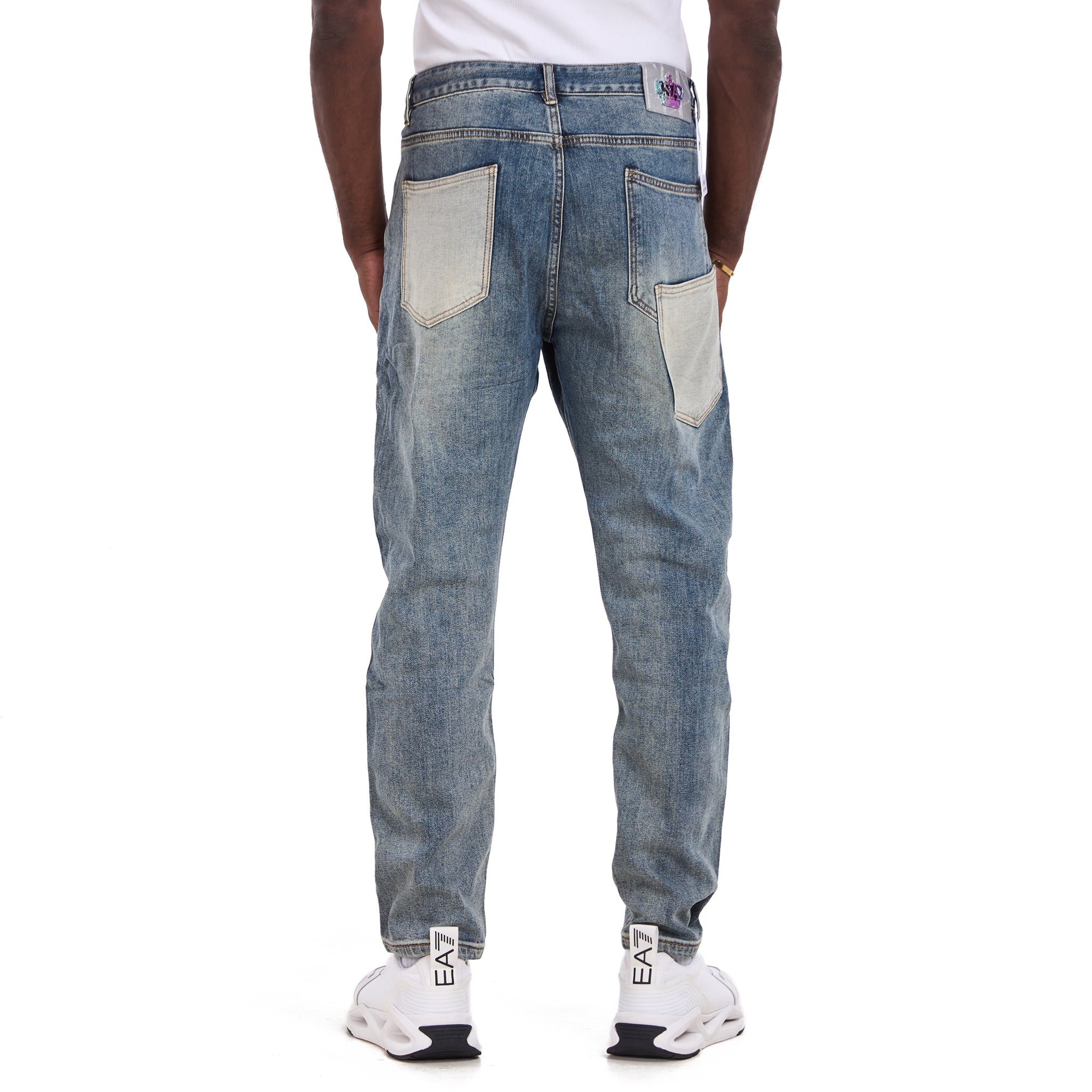 Washed Blue Pockets Patchwork Slim Fit Jeans