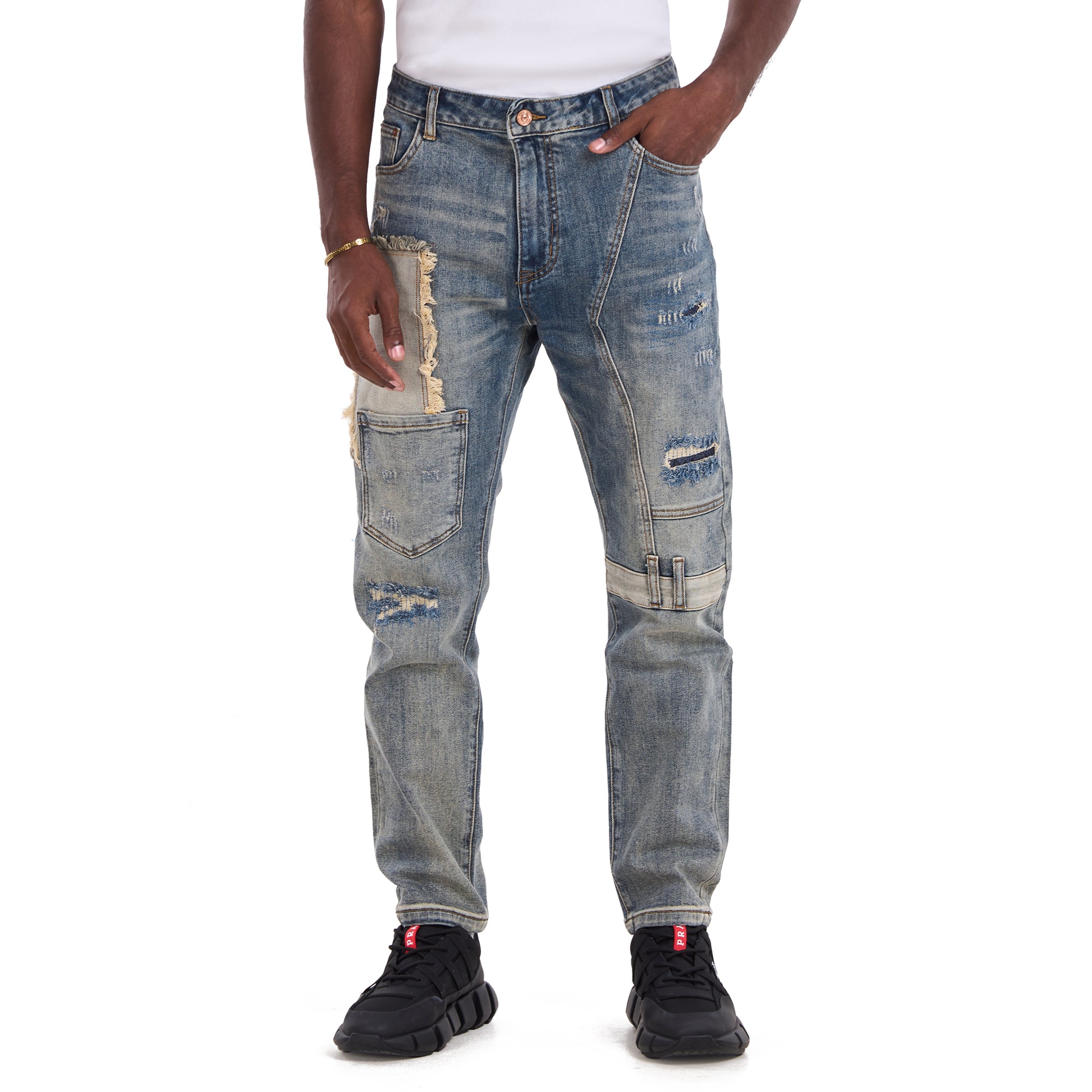 Washed Blue Patchwork With Pockets Slim Fit Jeans