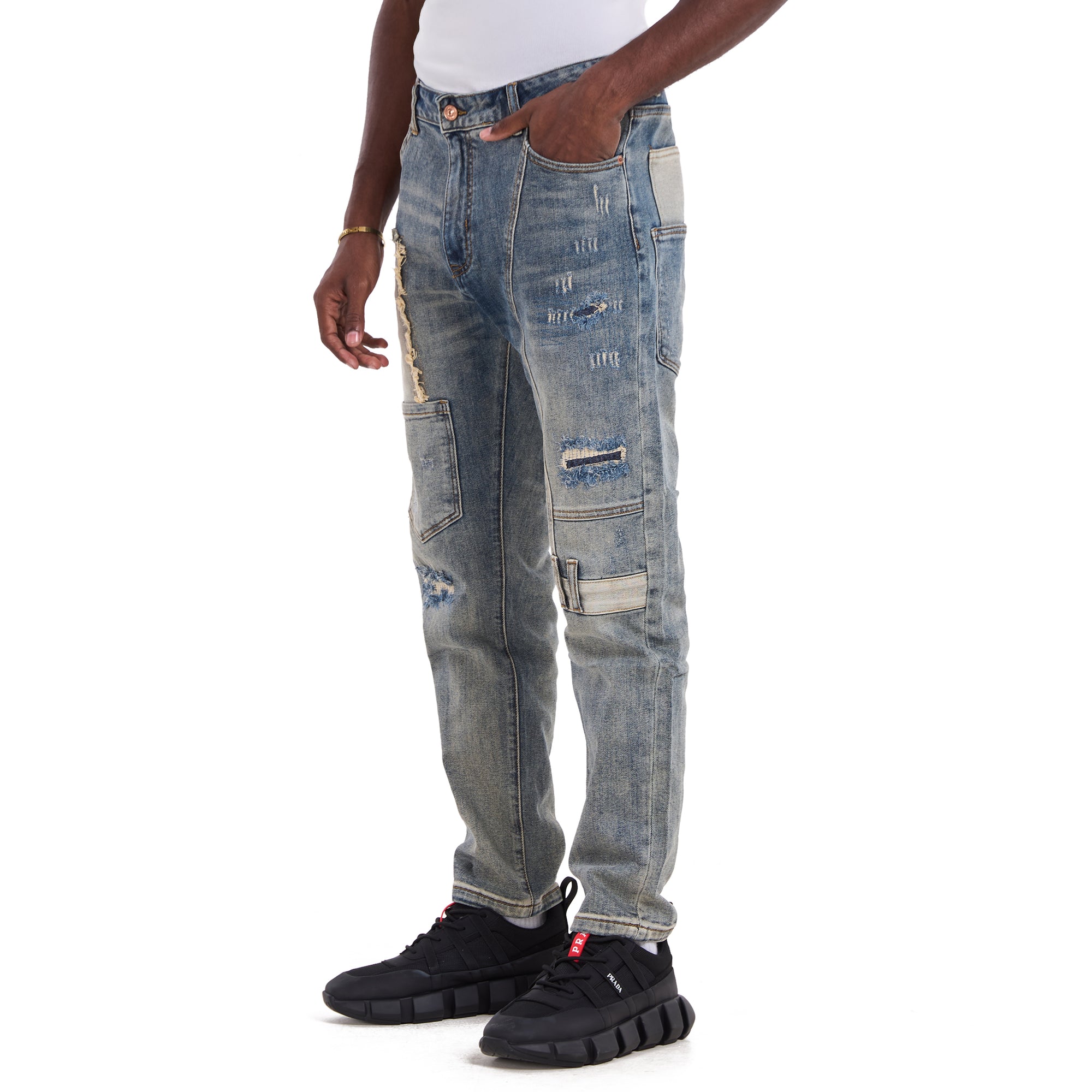 Washed Blue Patchwork With Pockets Slim Fit Jeans