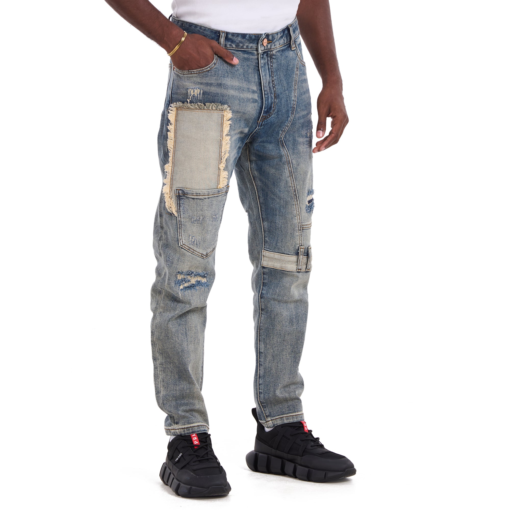 Washed Blue Patchwork With Pockets Slim Fit Jeans