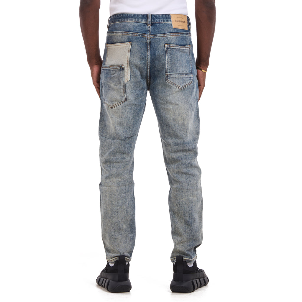 Washed Blue Patchwork With Pockets Slim Fit Jeans