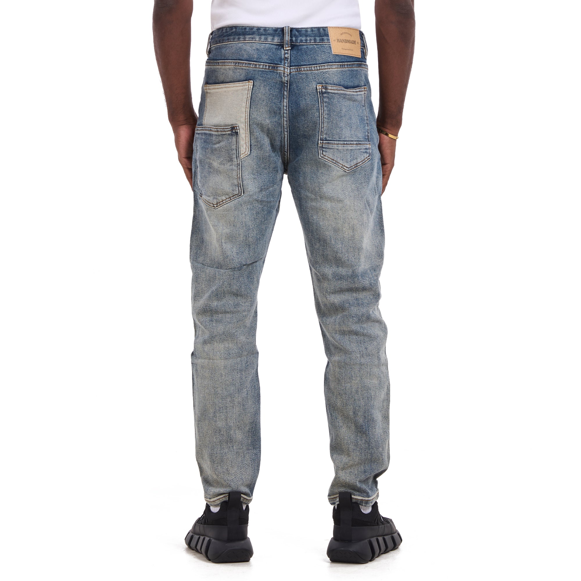 Washed Blue Patchwork With Pockets Slim Fit Jeans