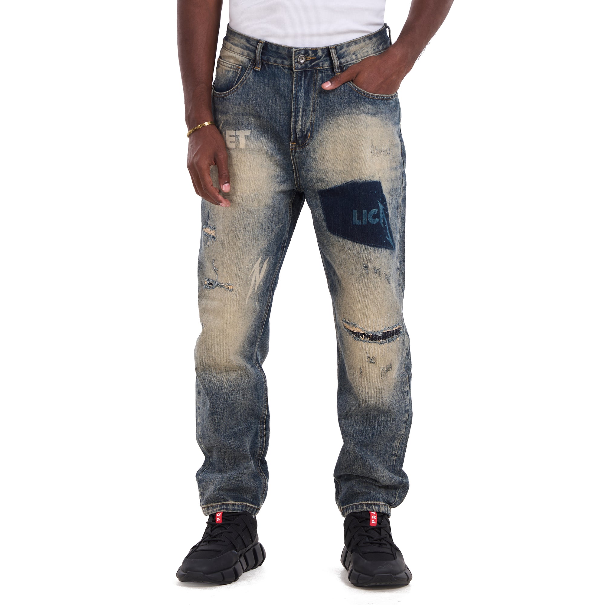 Dirty Blue Ripped Patchwork Jeans