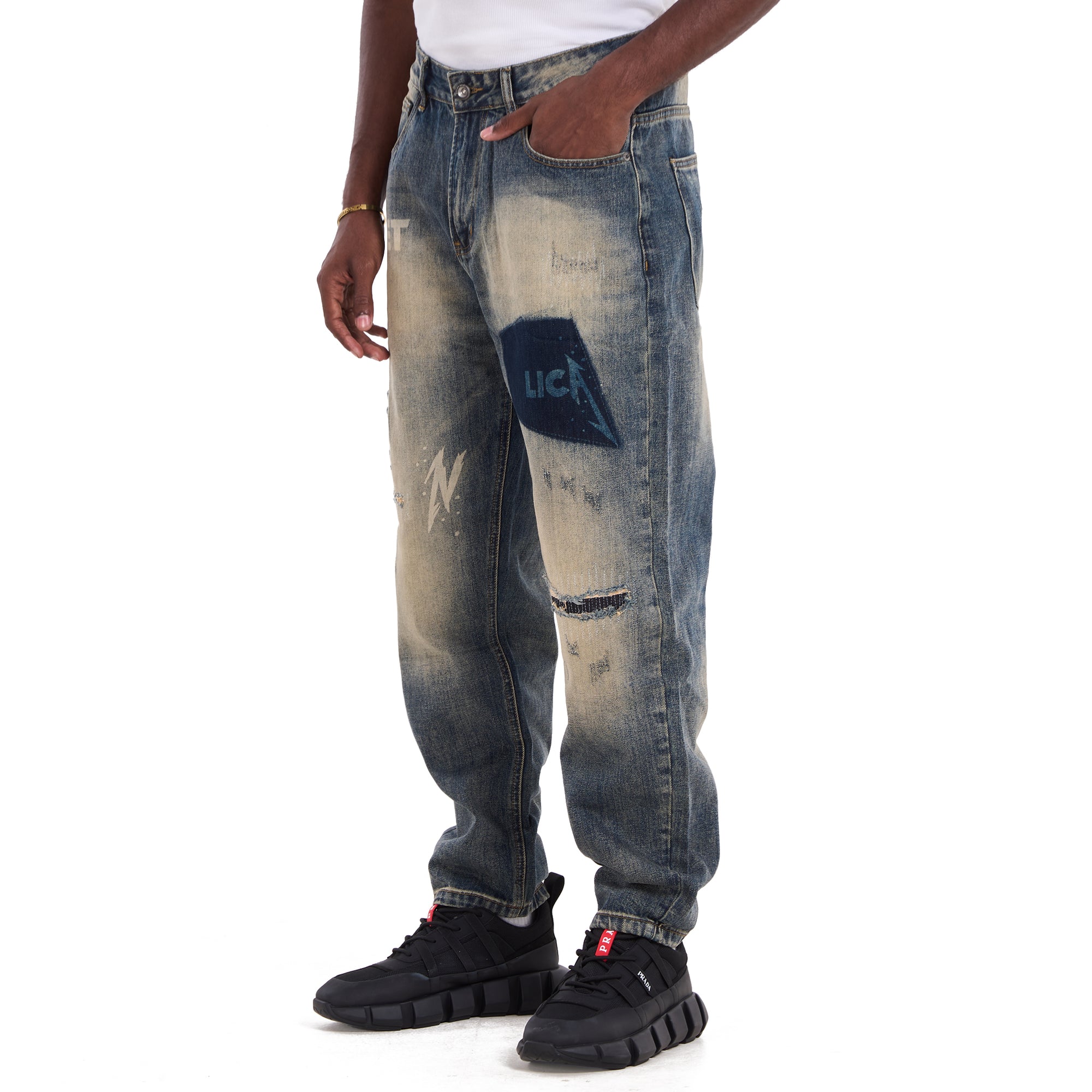 Dirty Blue Ripped Patchwork Jeans