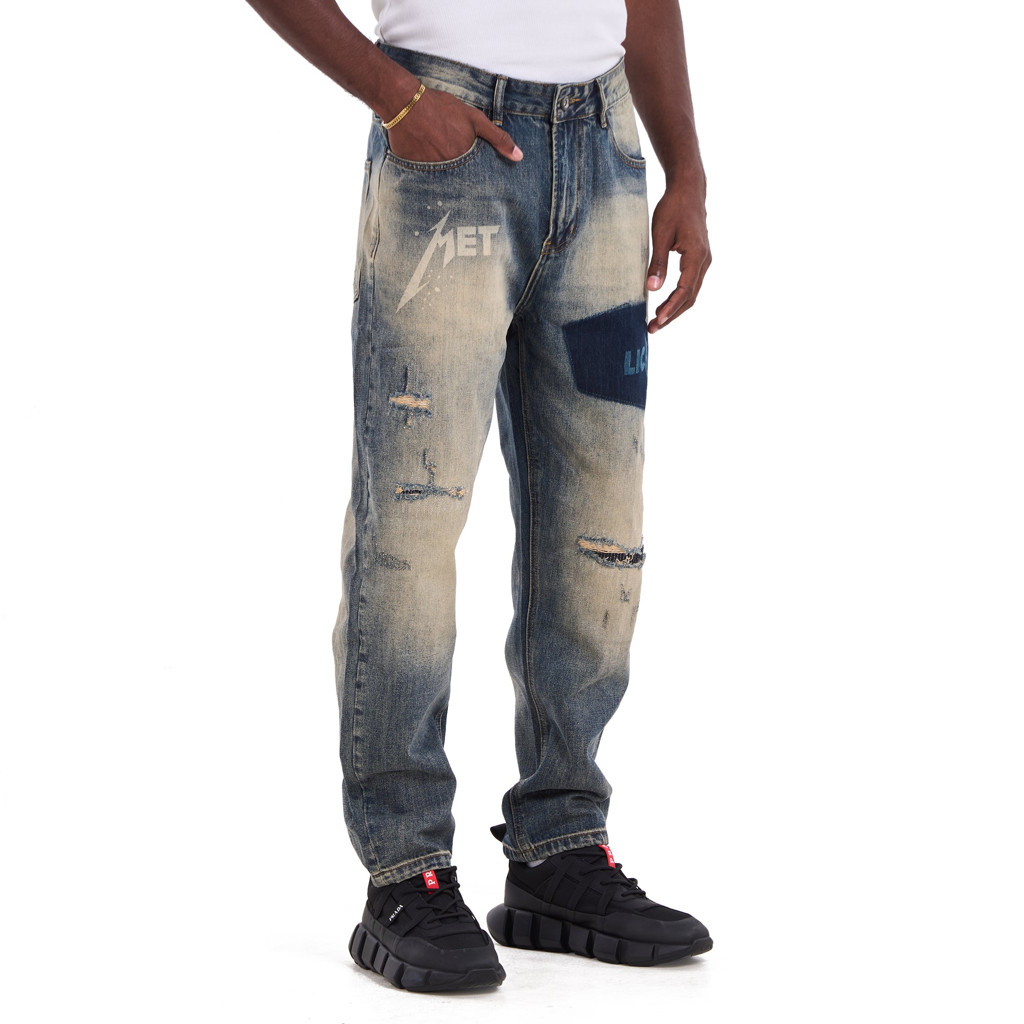 Dirty Blue Ripped Patchwork Jeans