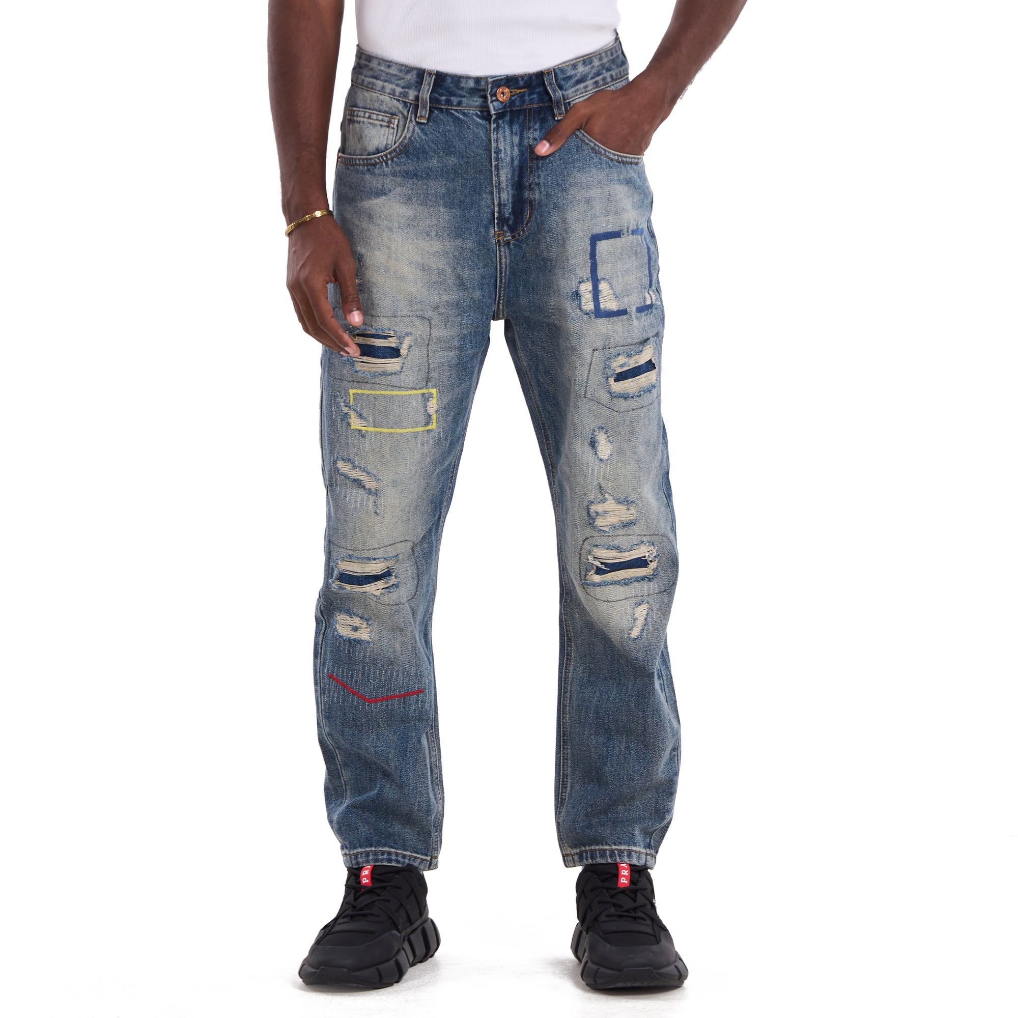 Faded Blue Color Stitch Repair Straight Jeans