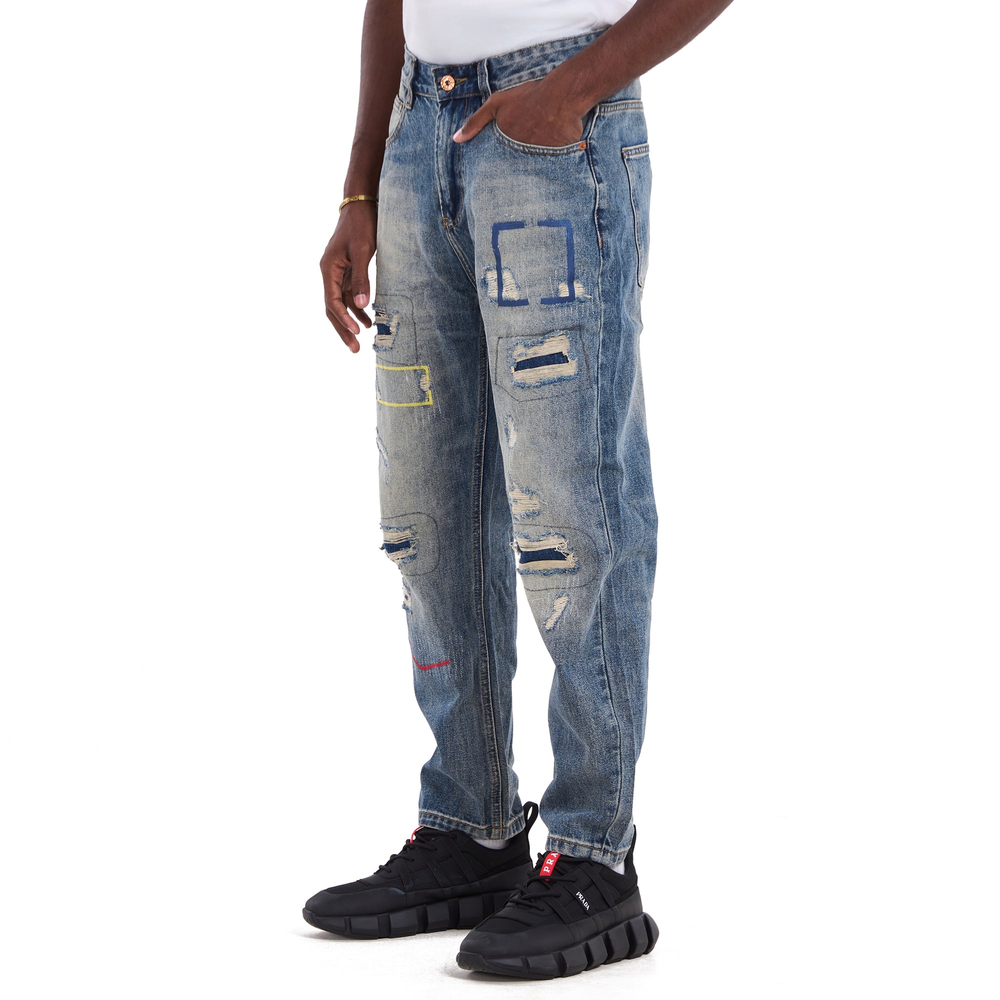 Faded Blue Color Stitch Repair Straight Jeans