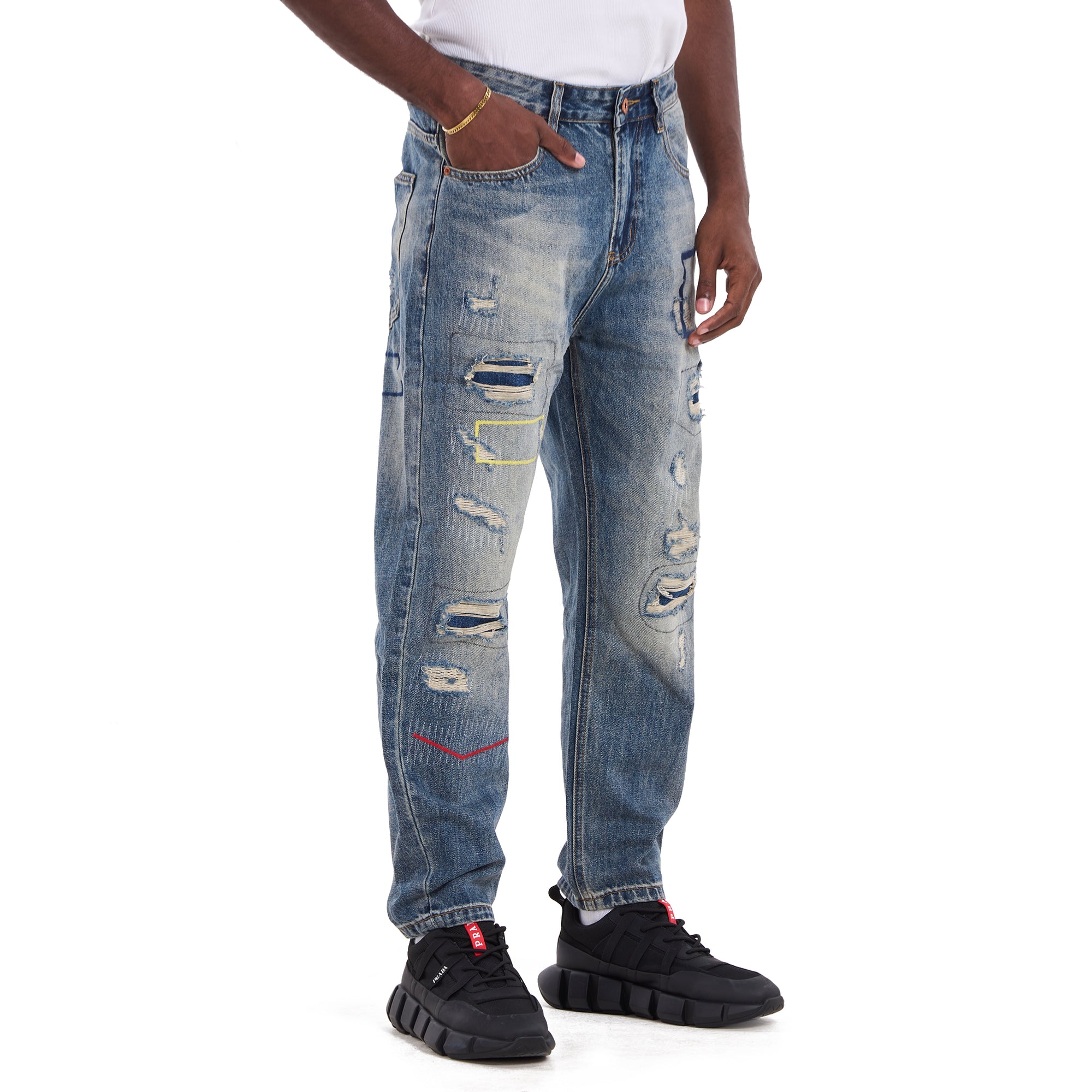 Faded Blue Color Stitch Repair Straight Jeans