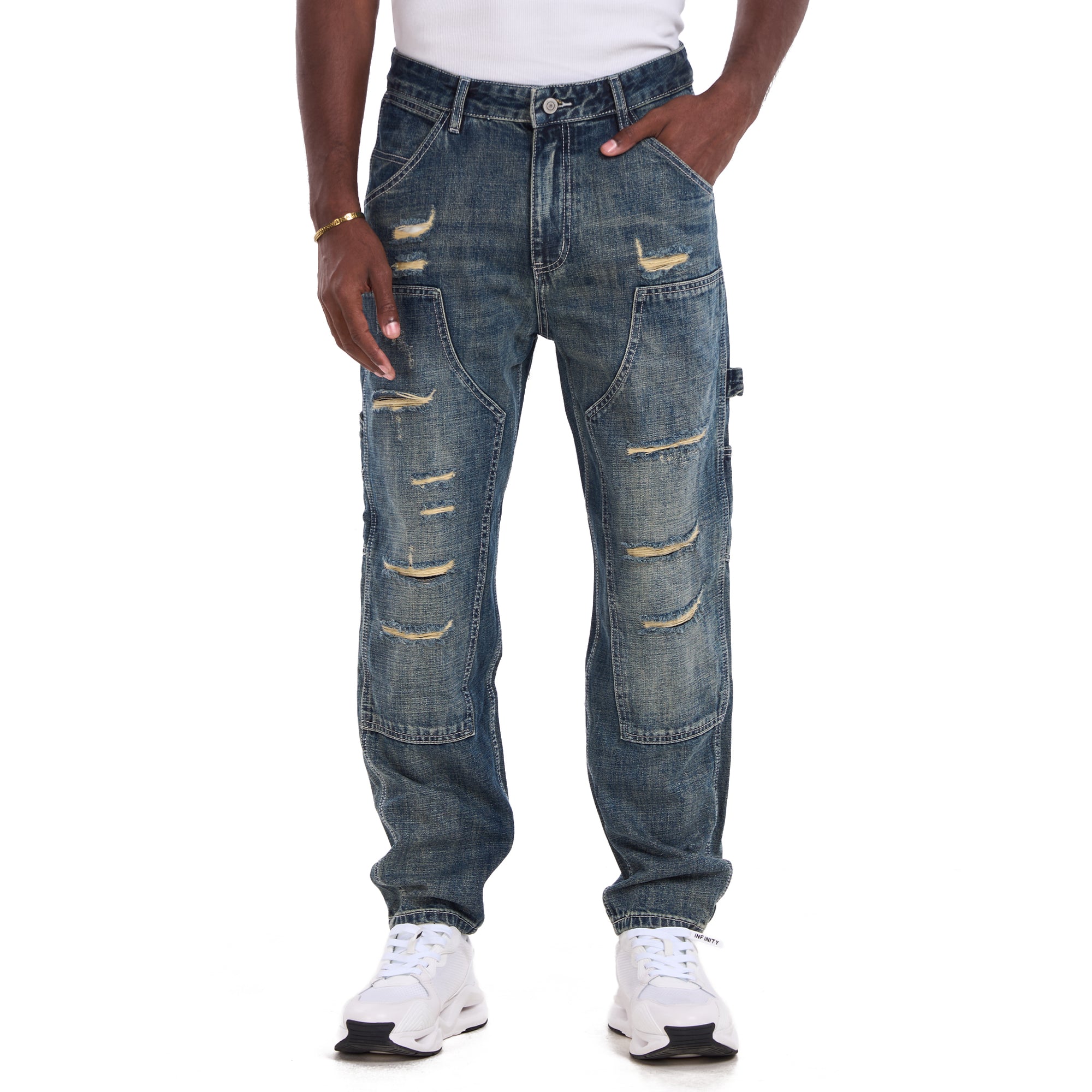Washed Blue Ripped Carpenter Relaxed Fit Jeans