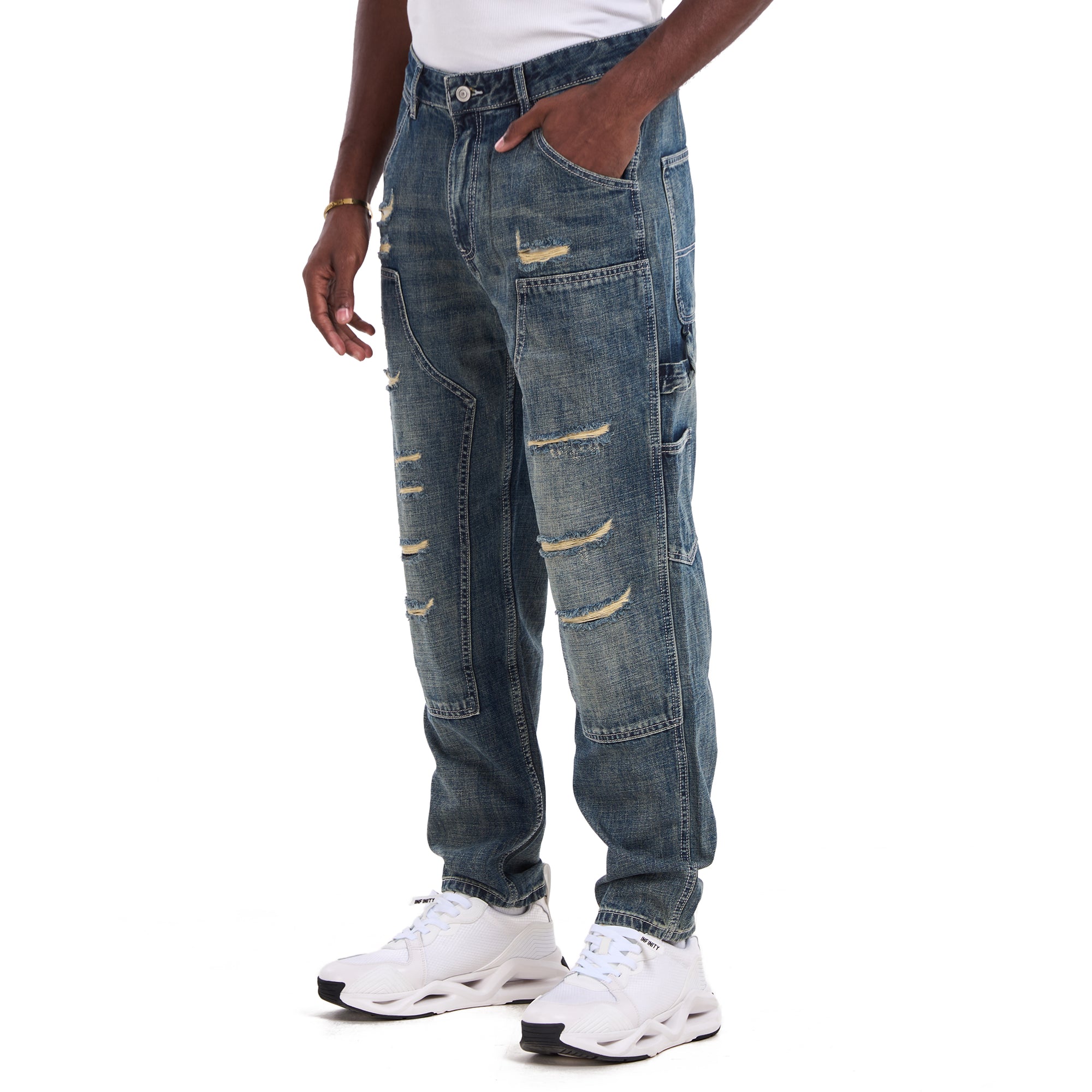 Washed Blue Ripped Carpenter Relaxed Fit Jeans