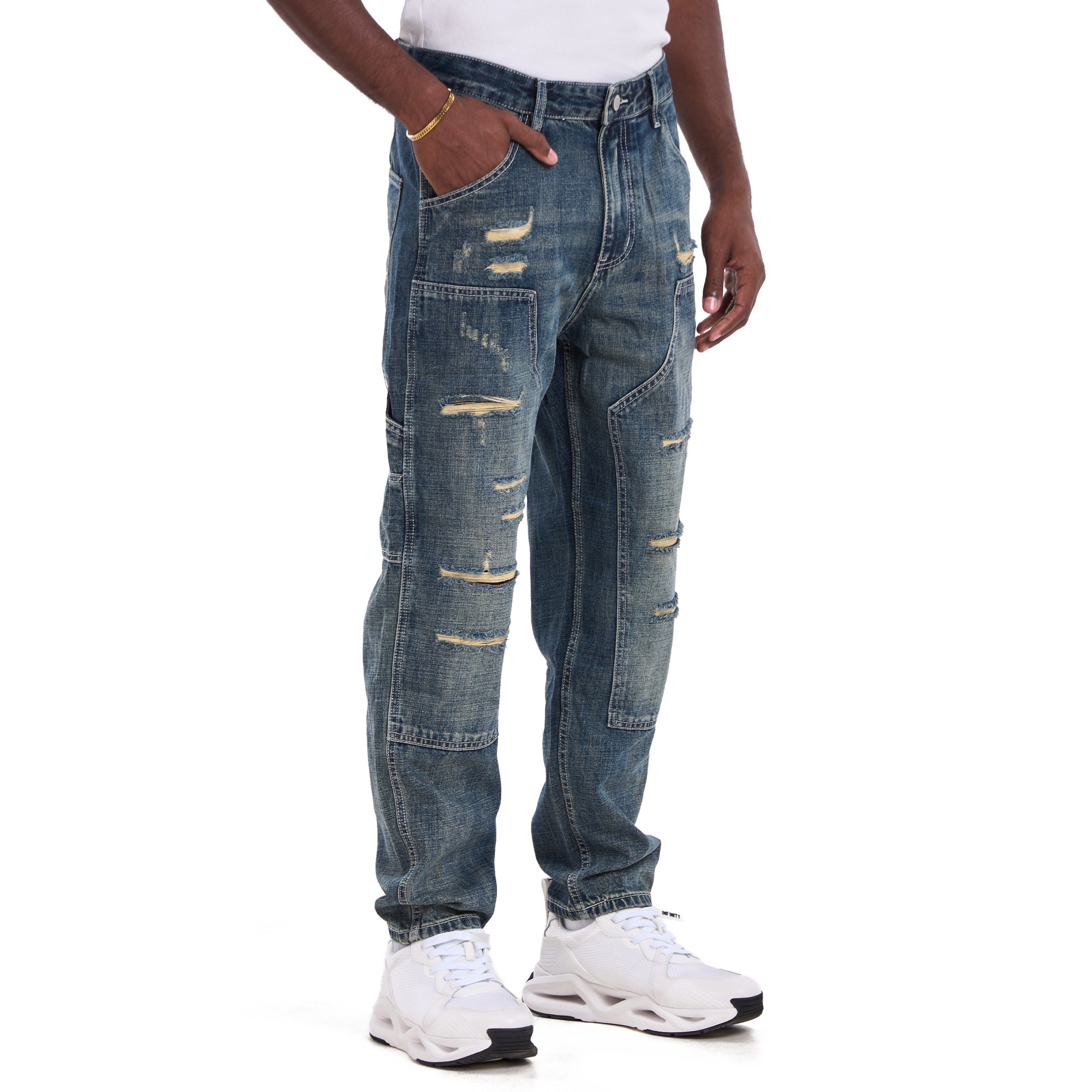 Washed Blue Ripped Carpenter Relaxed Fit Jeans