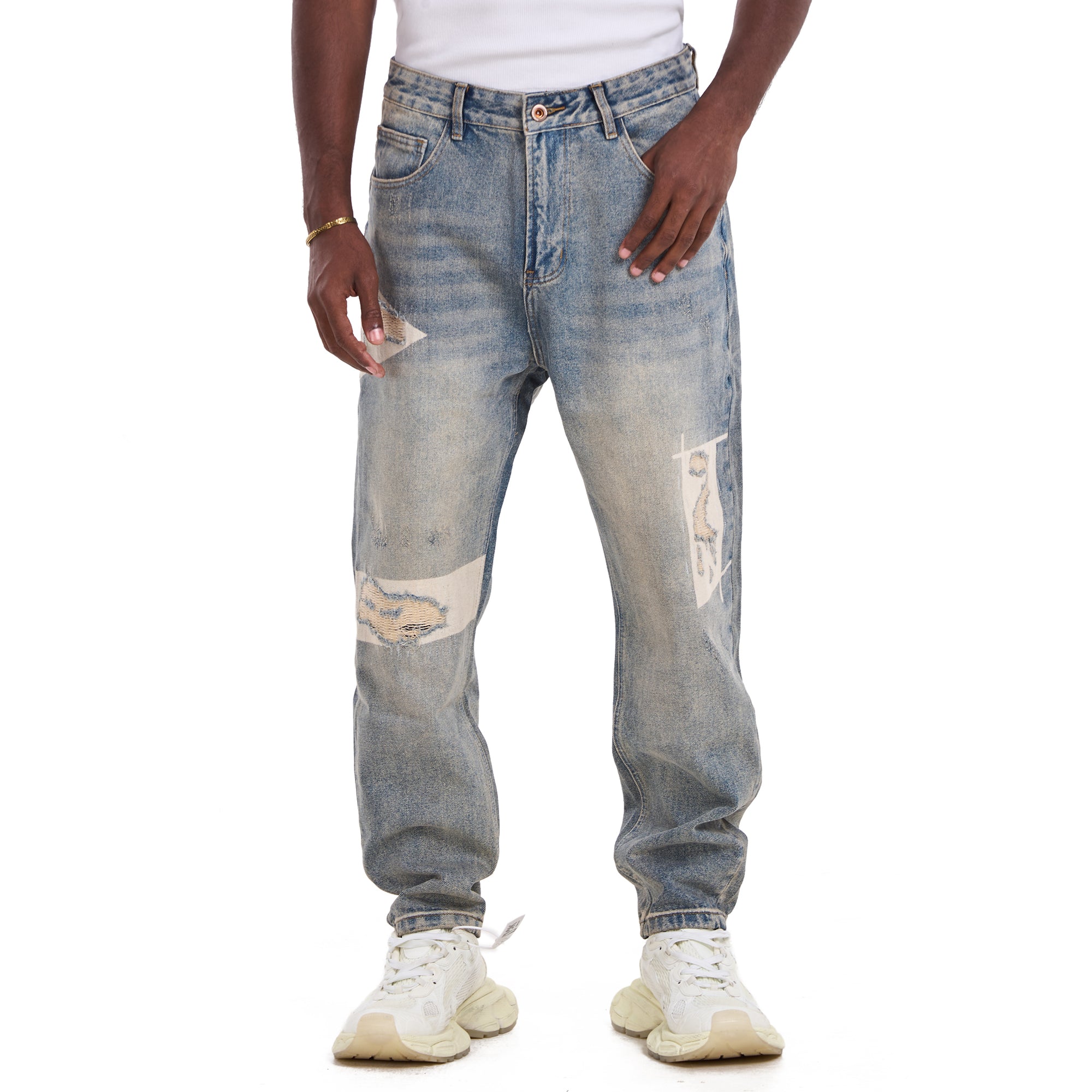 Washed Light Blue Repair Style Relaxed Fit Jeans