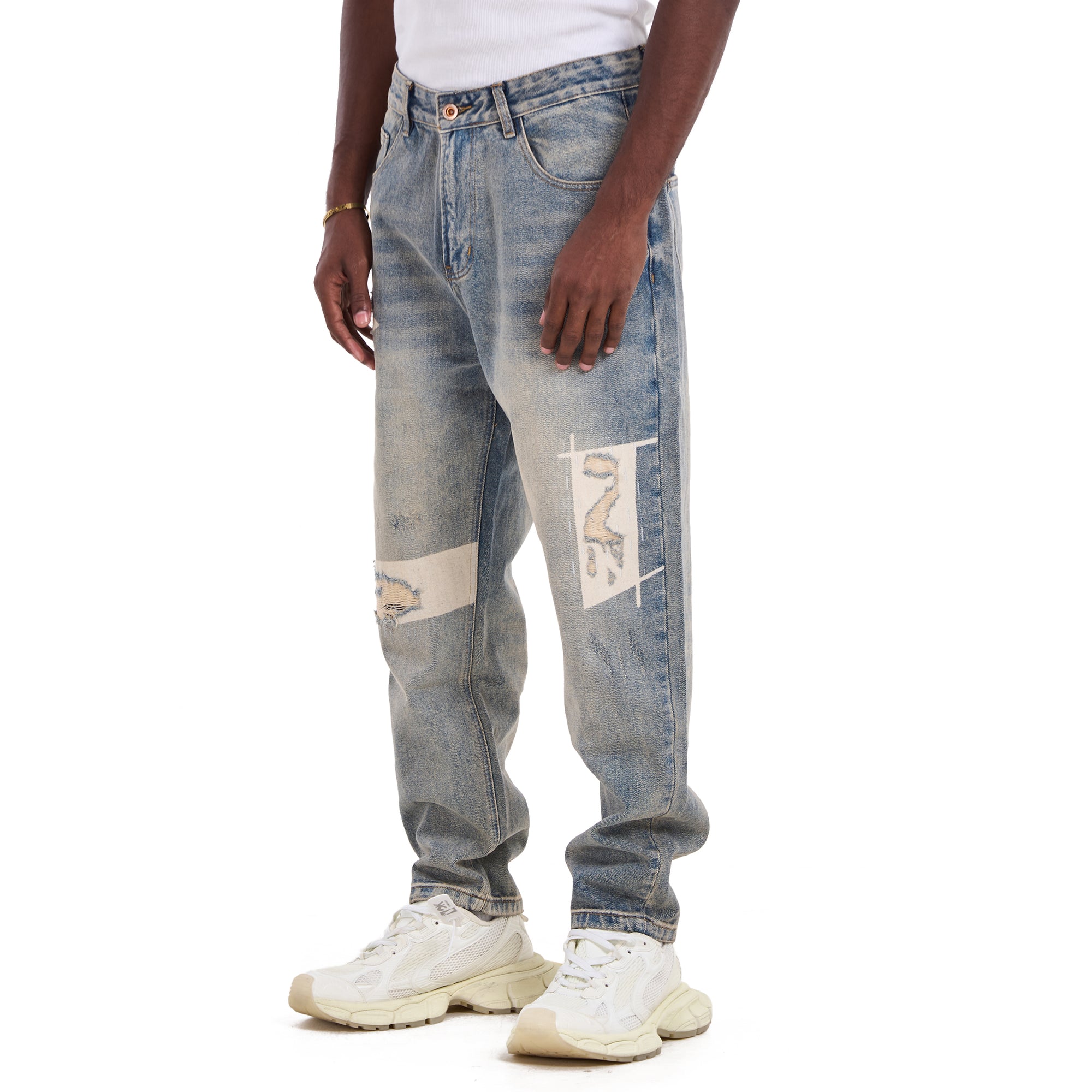 Washed Light Blue Repair Style Relaxed Fit Jeans