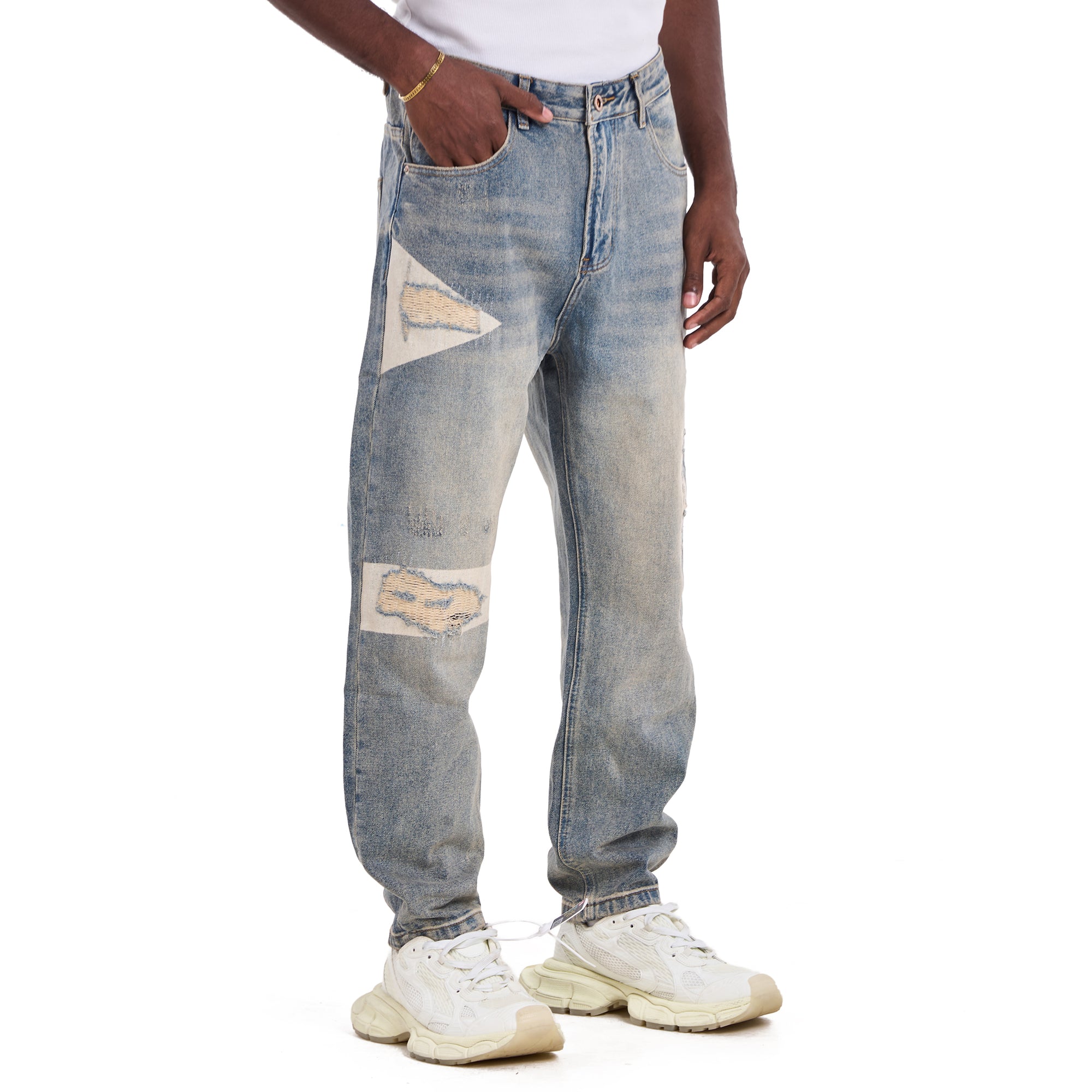 Washed Light Blue Repair Style Relaxed Fit Jeans