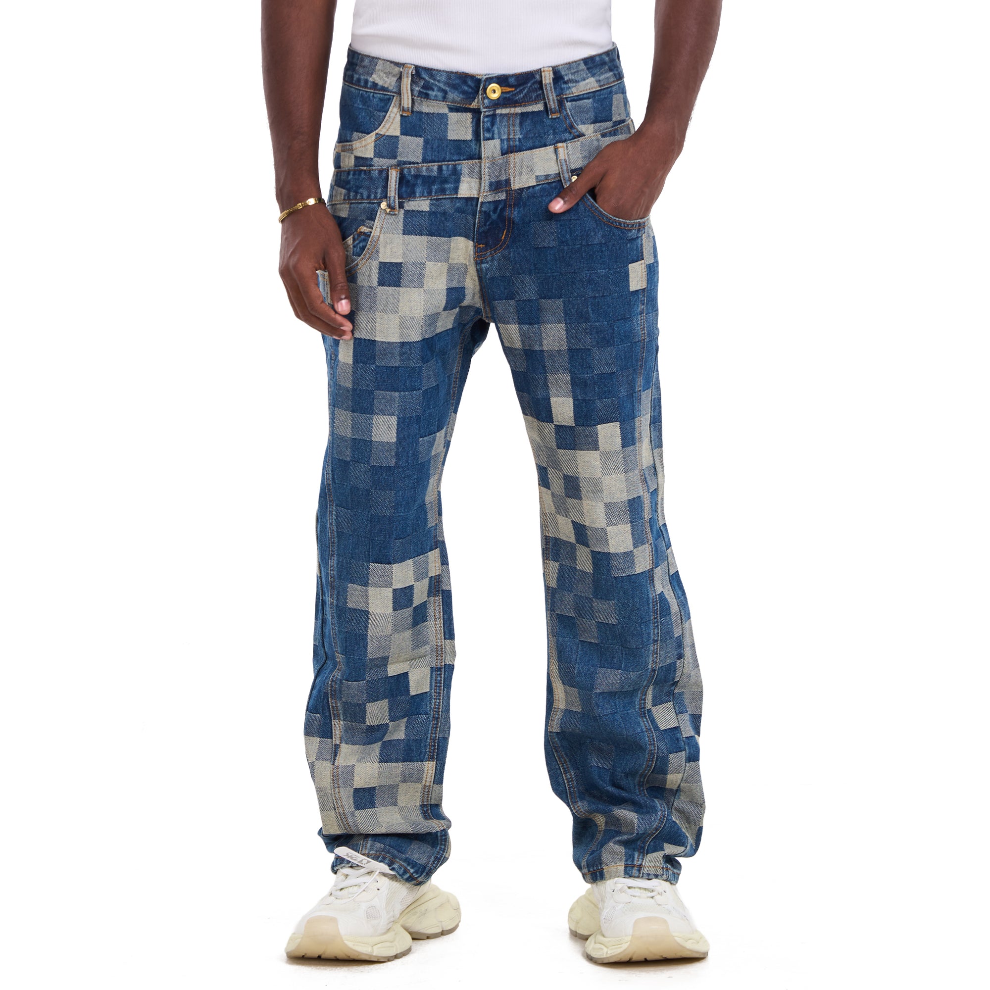 Blue Glitch Grid Loose Fit Jeans