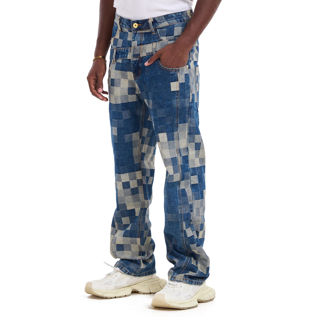 Blue Glitch Grid Loose Fit Jeans