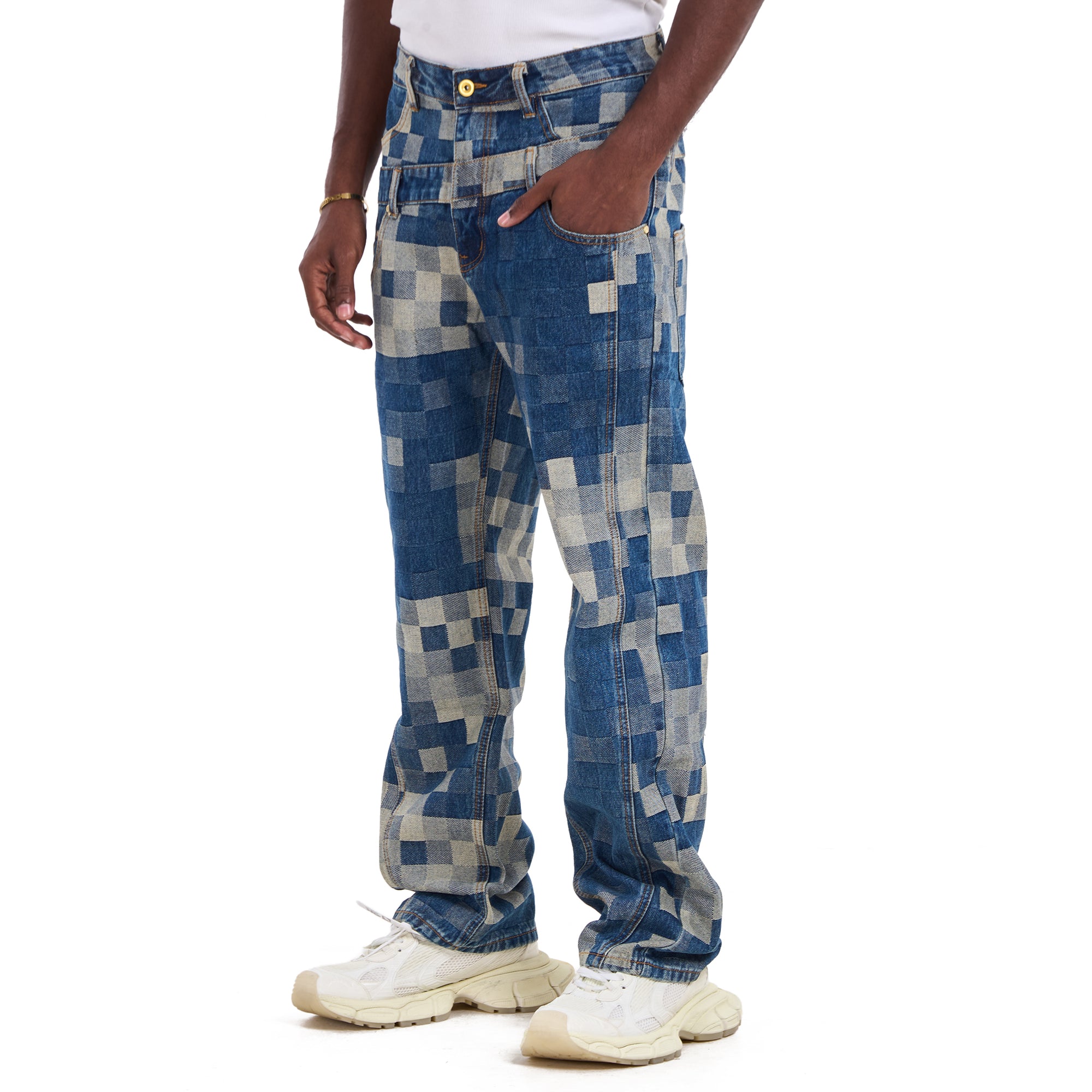 Blue Glitch Grid Loose Fit Jeans