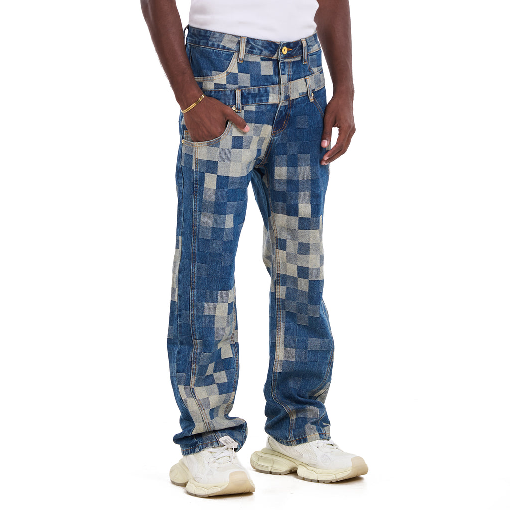 Blue Glitch Grid Loose Fit Jeans