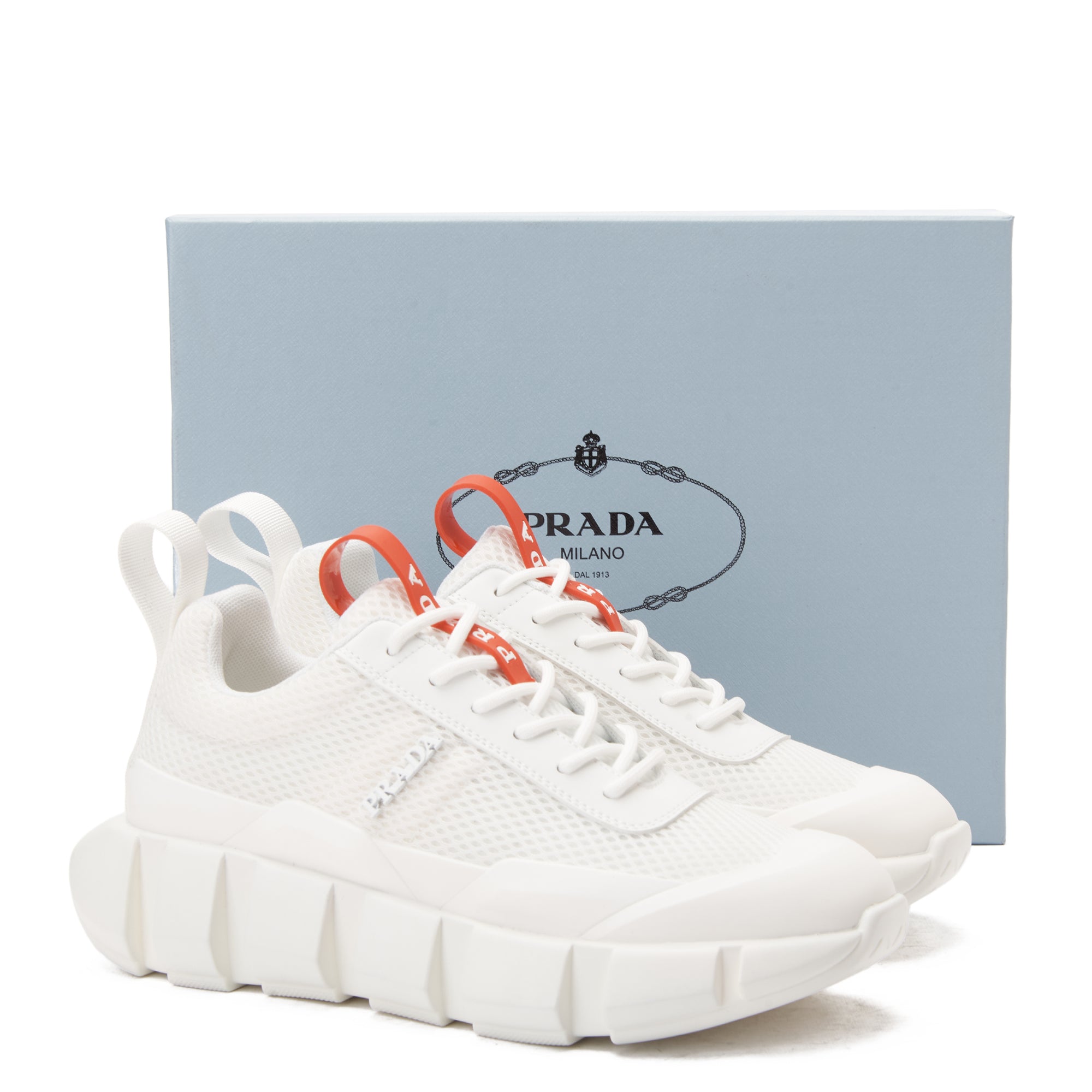 White Prada With Red Label Sneakers Luxury Shoes
