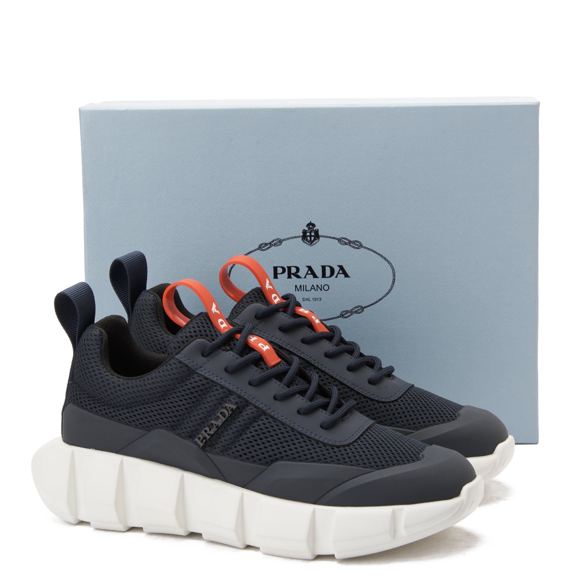 Navy Prada With Red Label Sneakers Luxury Shoes