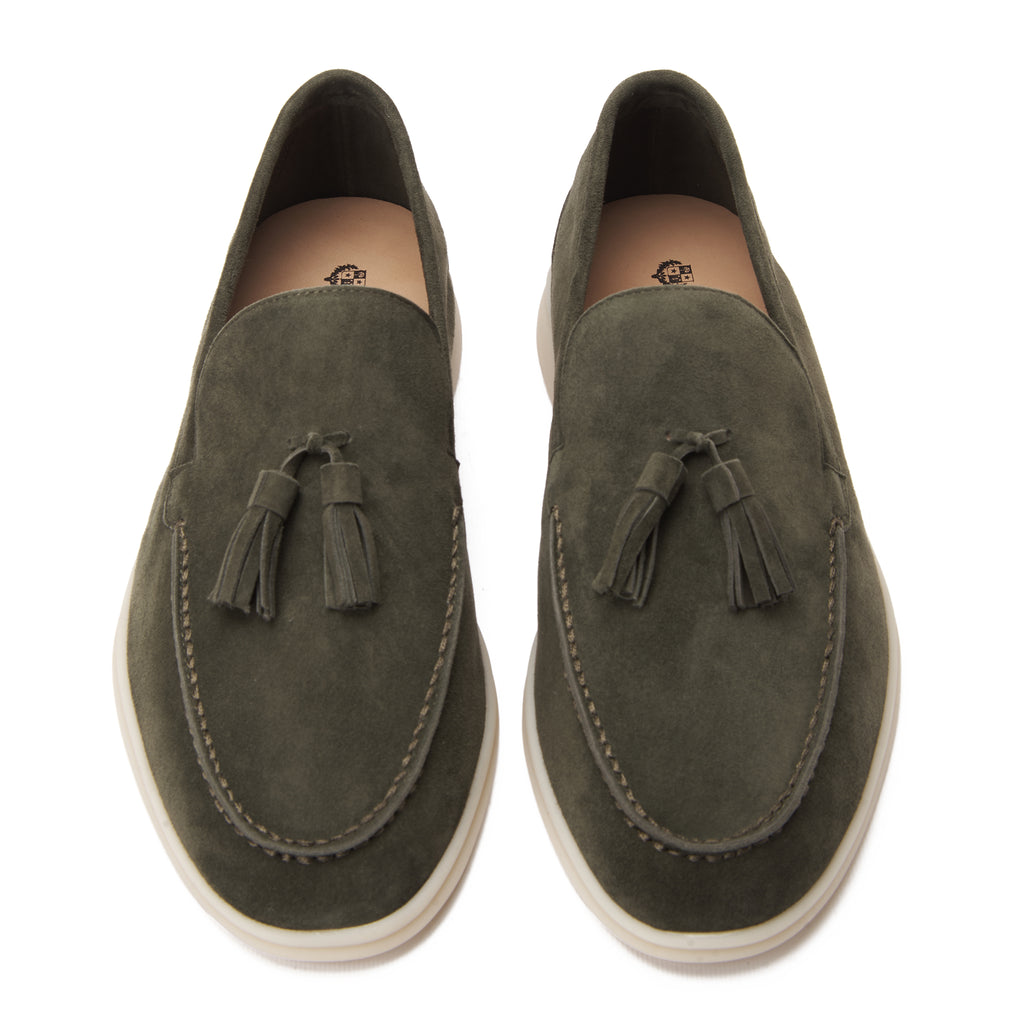 Olive Loro Piana Suede Tassel Loafers Luxury Shoes