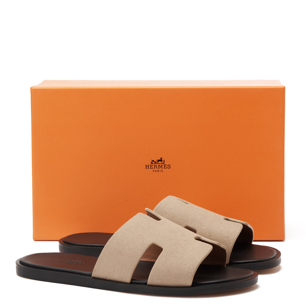 Beige Izmir Hermas Suede H Cut Slides Luxury Sandal