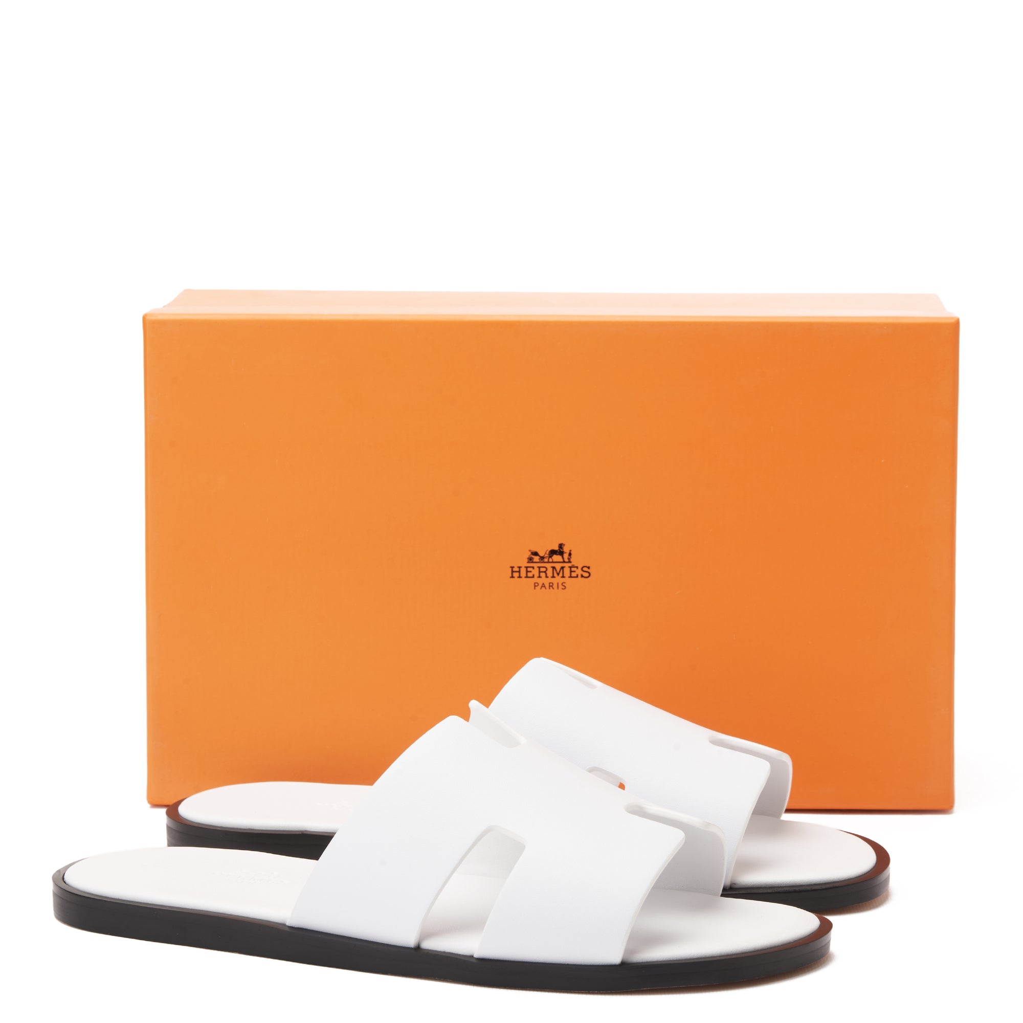 White Izmir Hermas Suede H Cut Slides Luxury Sandal