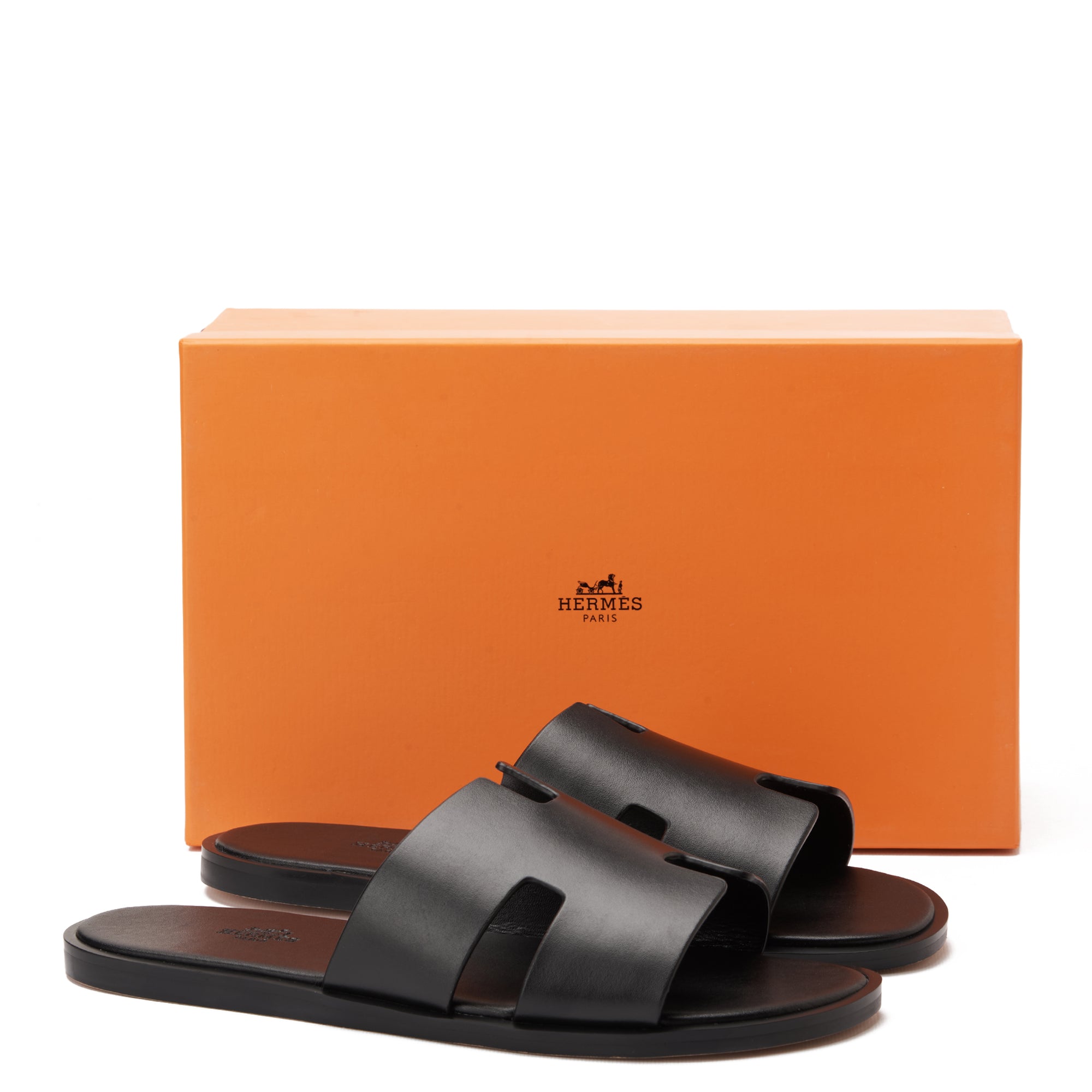 All Black Izmir Hermas Leather H Cut Slides Luxury Sandal