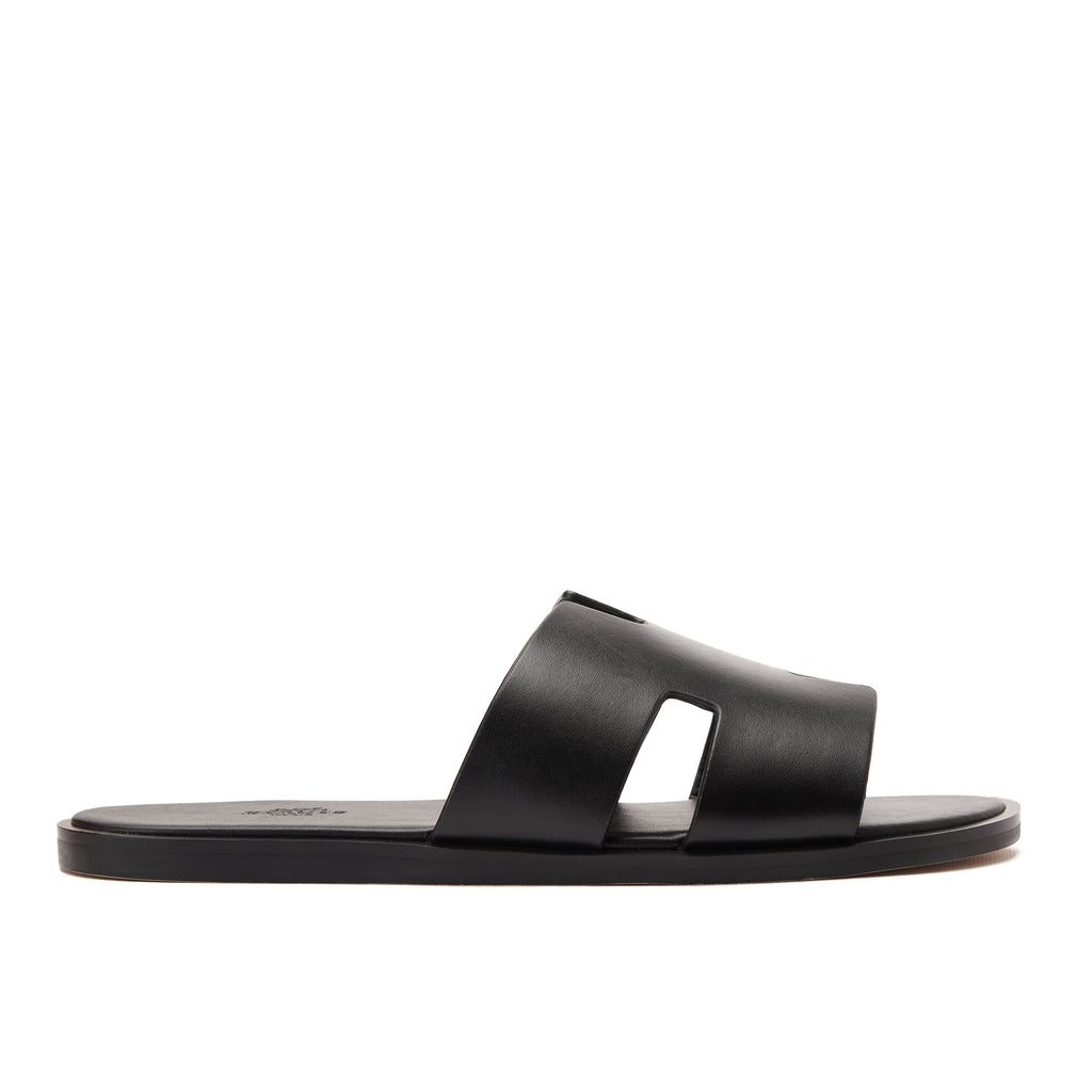 All Black Izmir Hermas Leather H Cut Slides Luxury Sandal