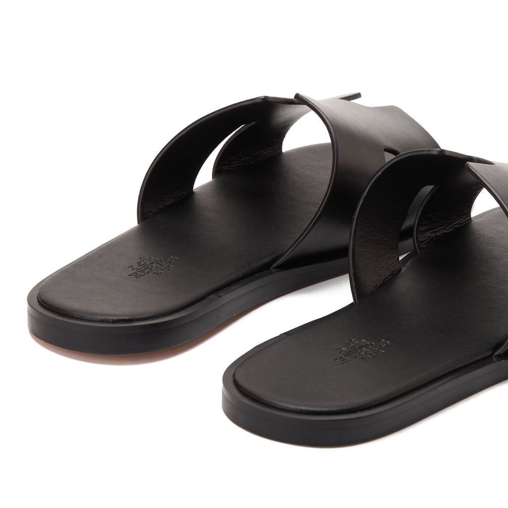 All Black Izmir Hermas Leather H Cut Slides Luxury Sandal
