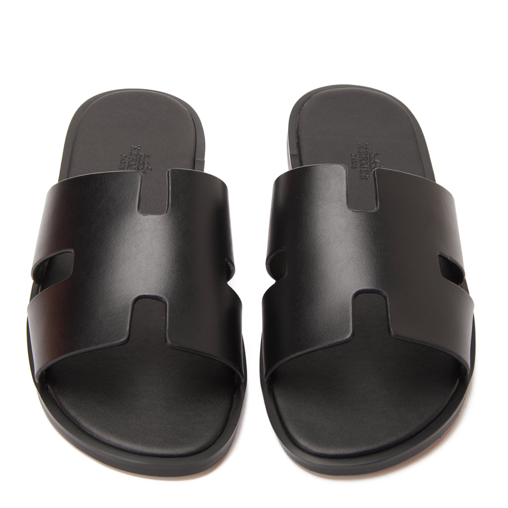 All Black Izmir Hermas Leather H Cut Slides Luxury Sandal