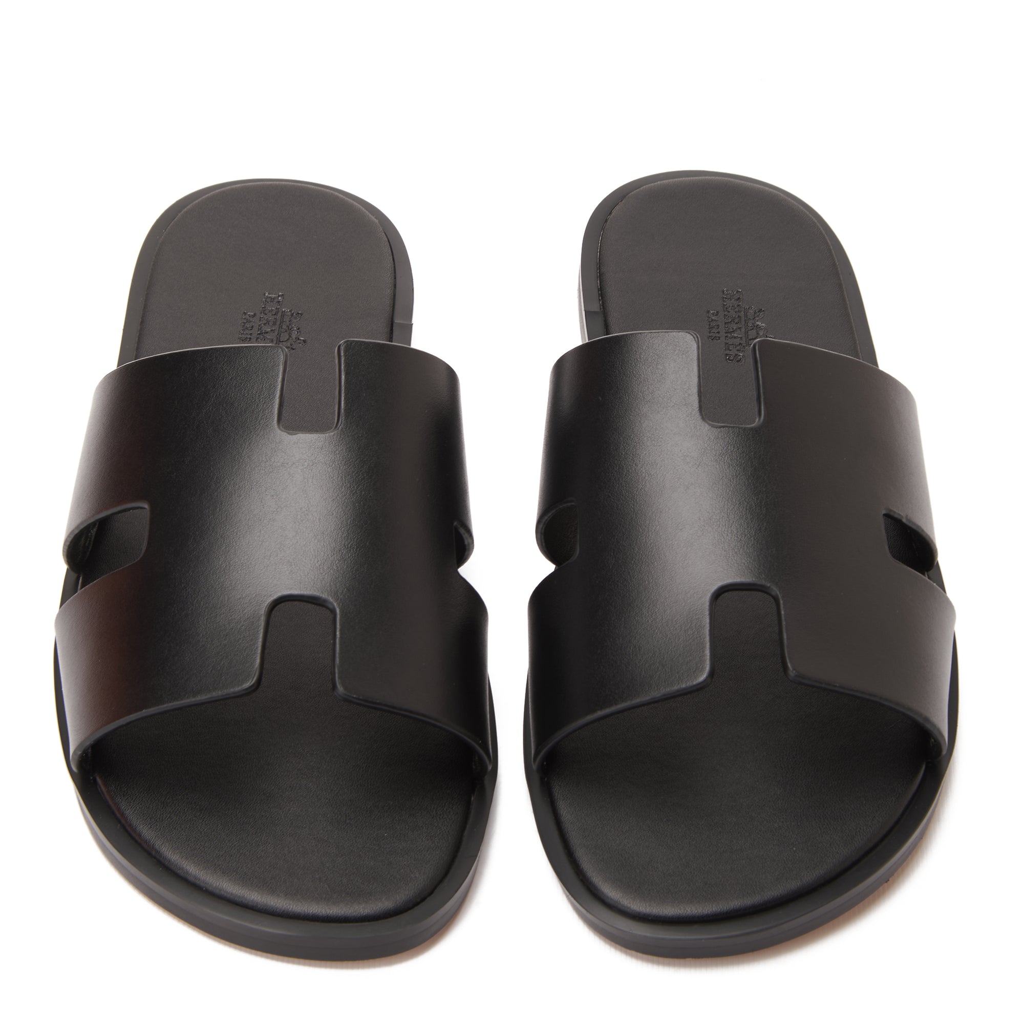 All Black Izmir Hermas Leather H Cut Slides Luxury Sandal
