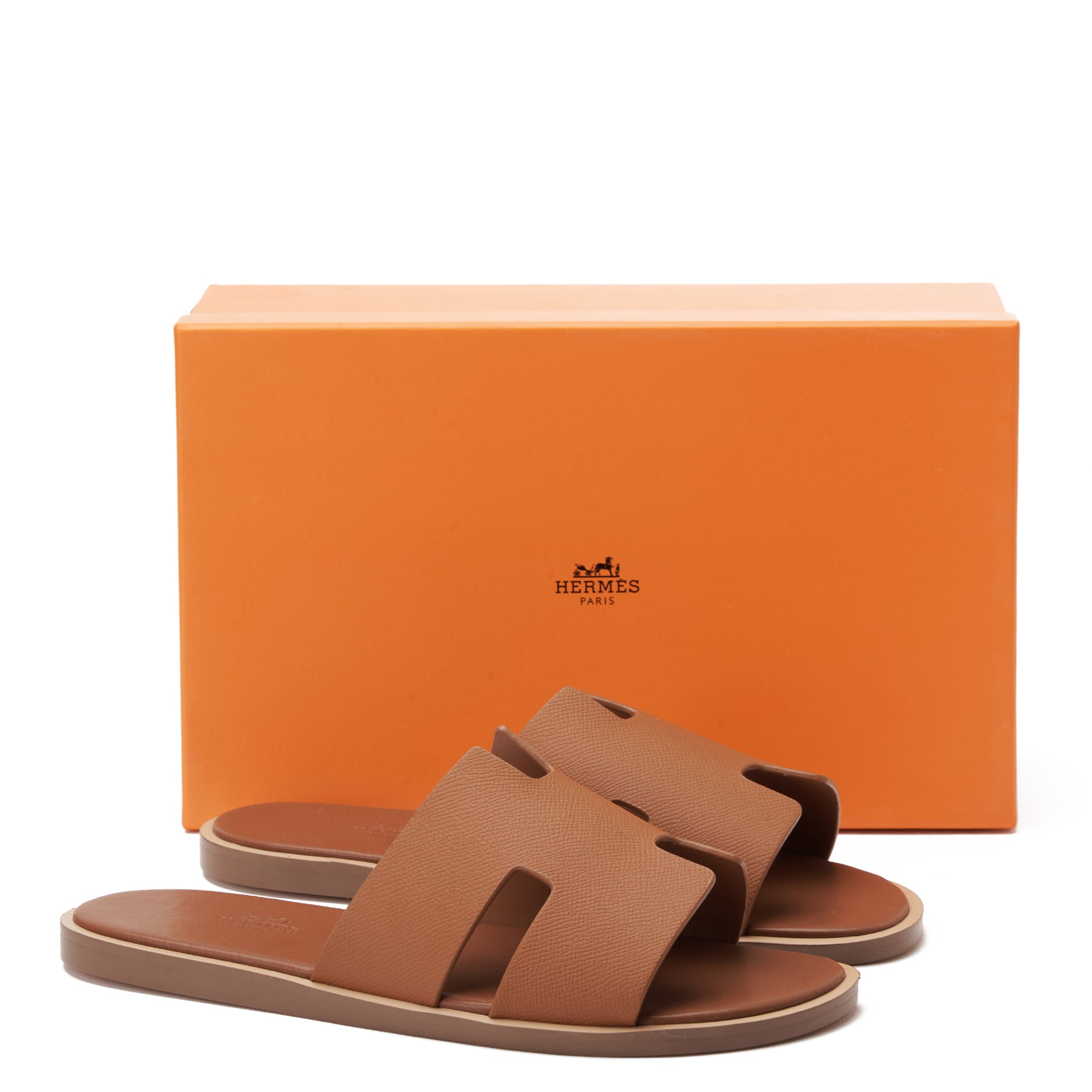 English Tan Hermas Leather  H Cut Slides Luxury Sandal