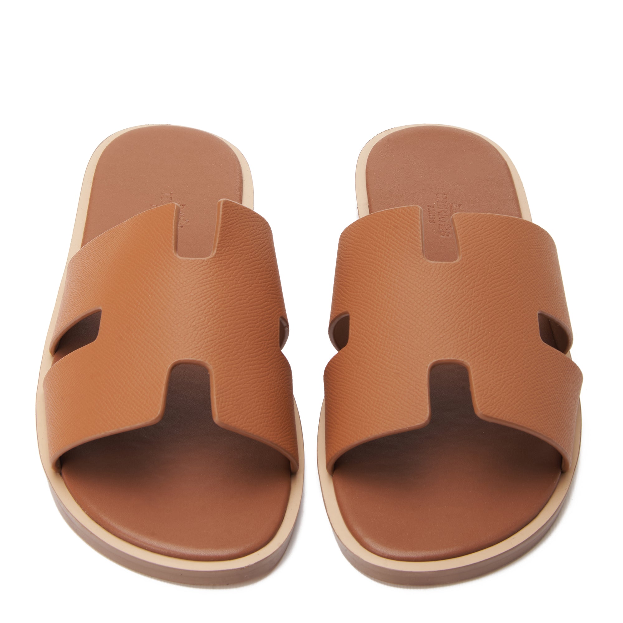 English Tan Hermas Leather  H Cut Slides Luxury Sandal