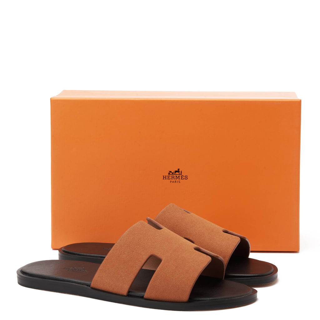 English Tan&Black Hermas Suede  H Cut Slides Luxury Sandal