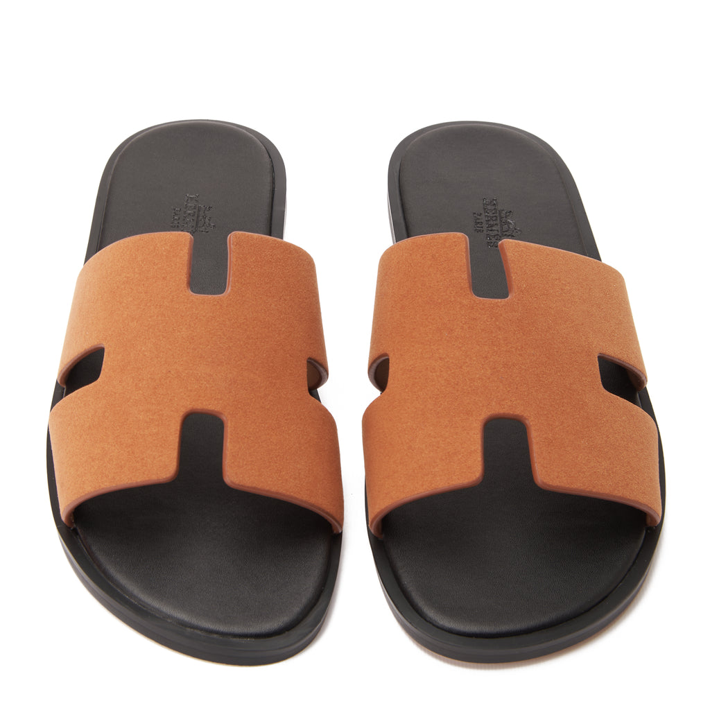 English Tan&Black Hermas Suede  H Cut Slides Luxury Sandal