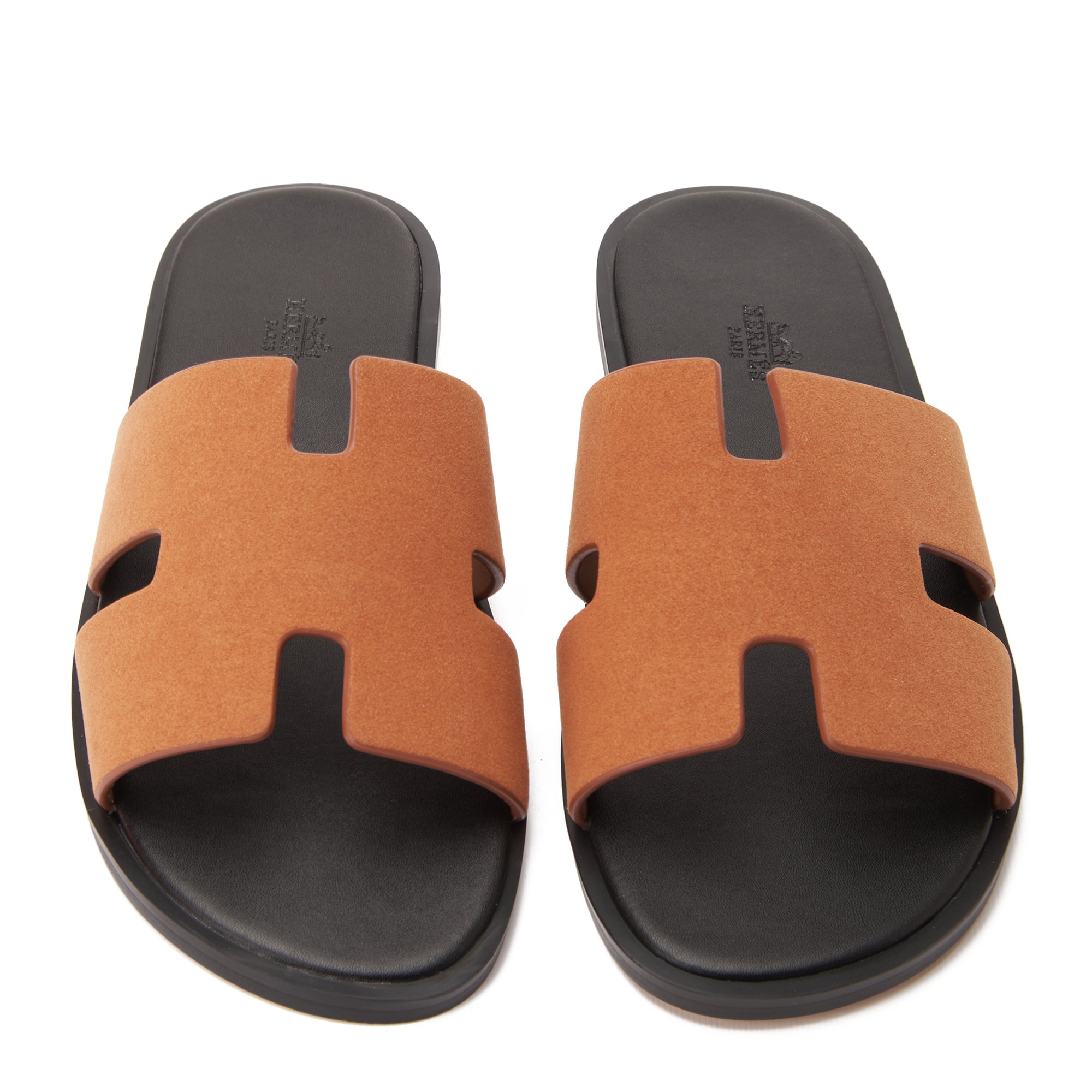 English Tan&Black Hermas Suede  H Cut Slides Luxury Sandal