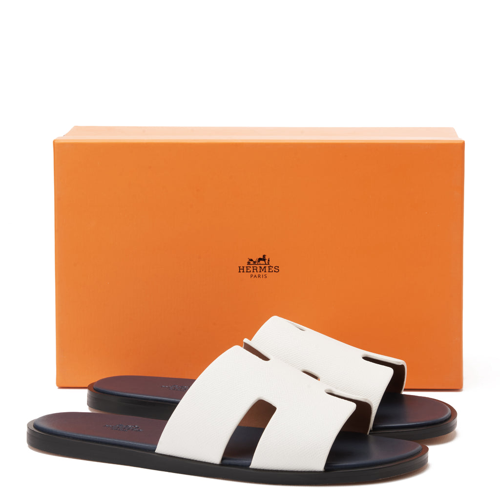 White&Navy Hermas Leather H Cut Slides Luxury Sandal