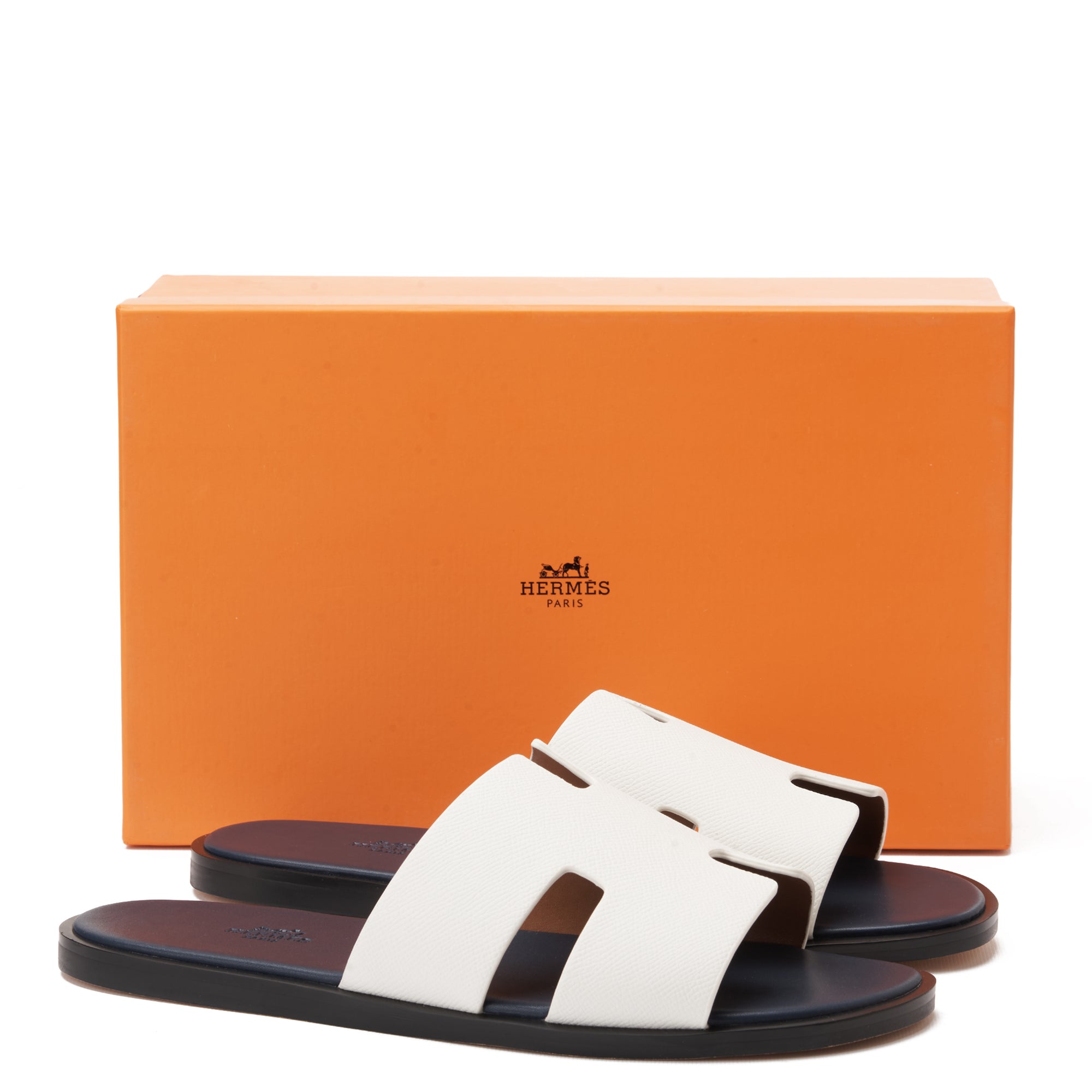 White&Navy Hermas Leather H Cut Slides Luxury Sandal
