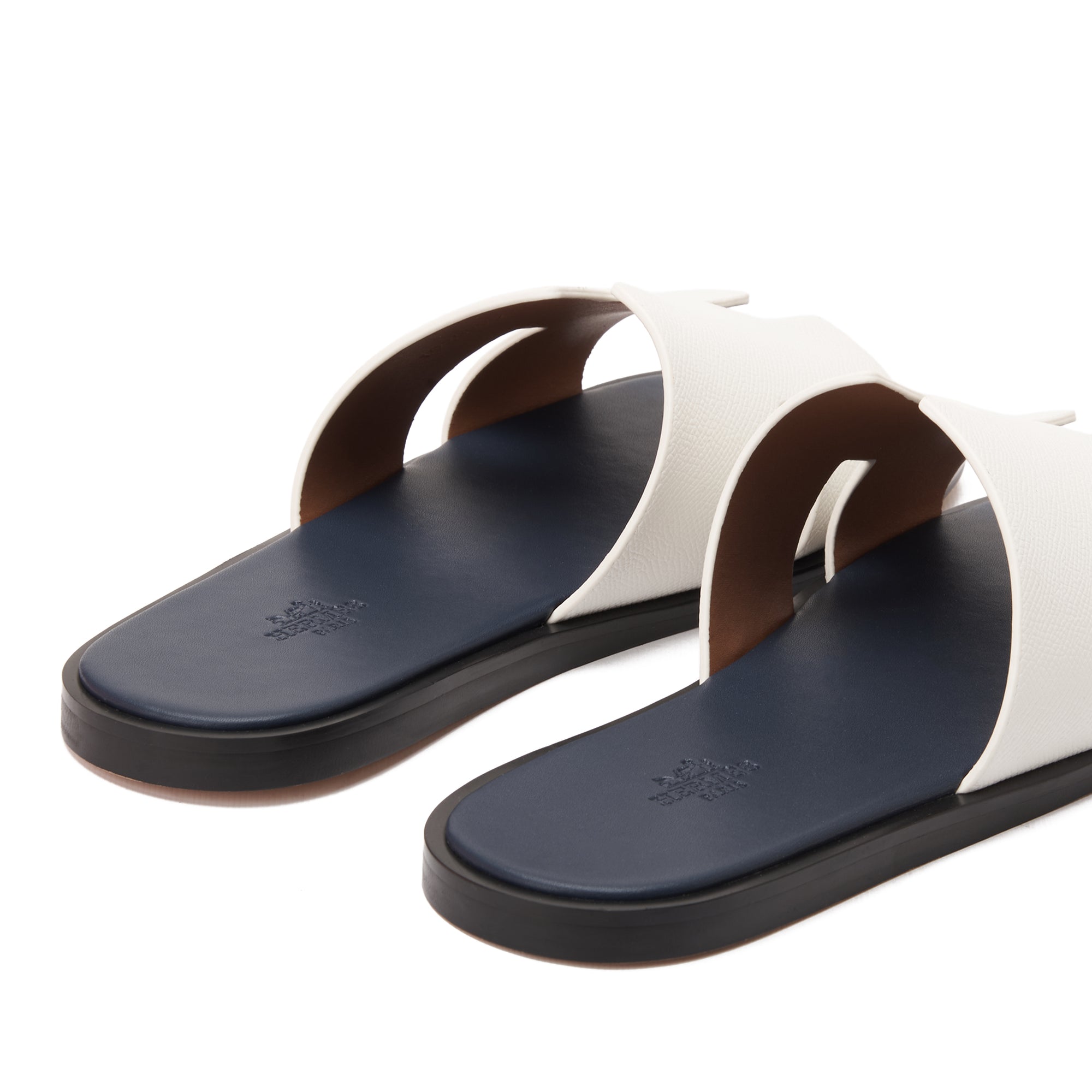 White&Navy Hermas Leather H Cut Slides Luxury Sandal