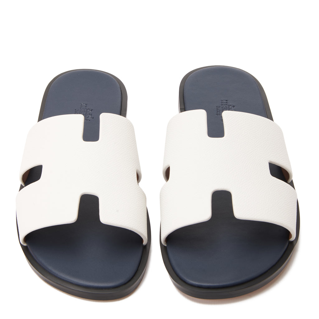 White&Navy Hermas Leather H Cut Slides Luxury Sandal