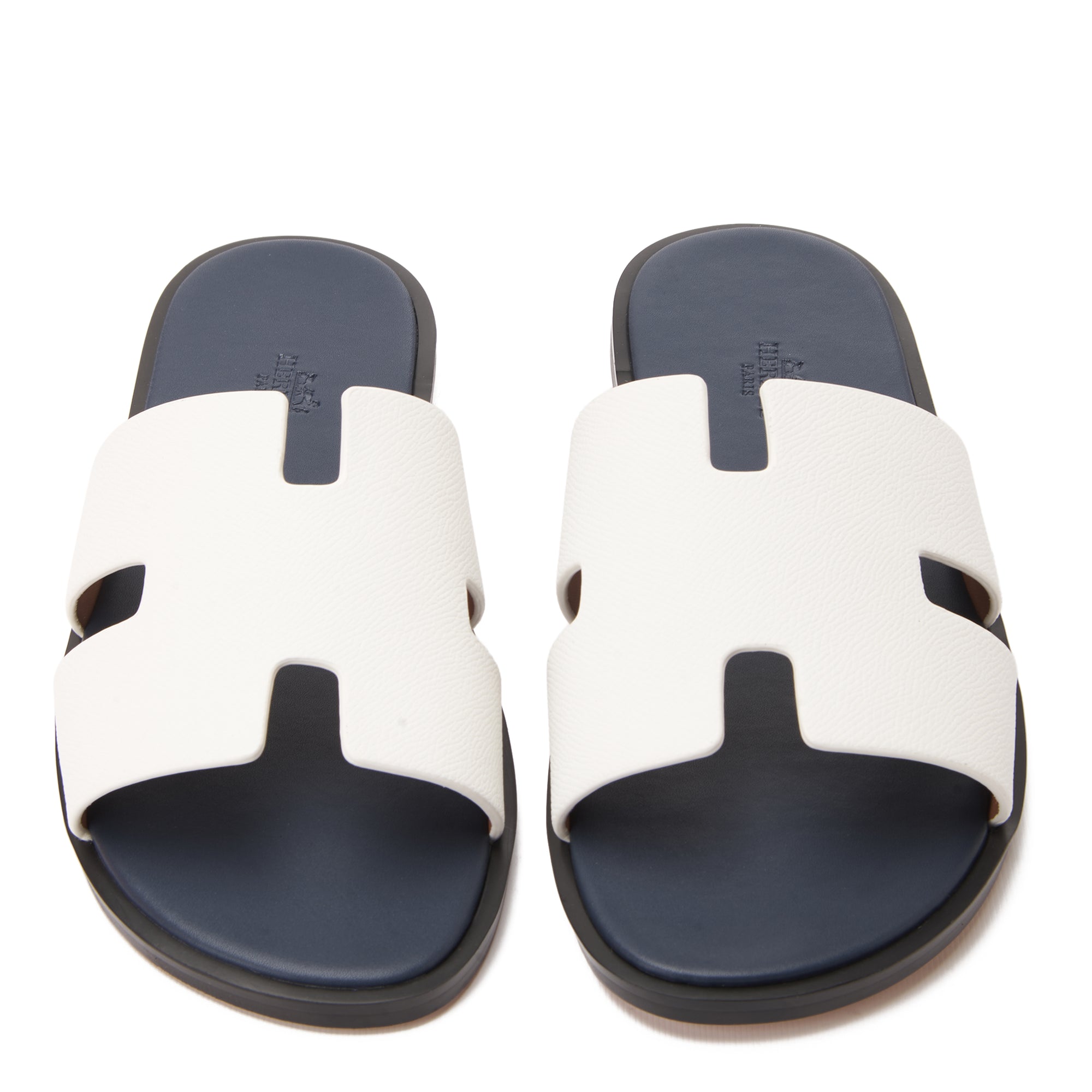 White&Navy Hermas Leather H Cut Slides Luxury Sandal
