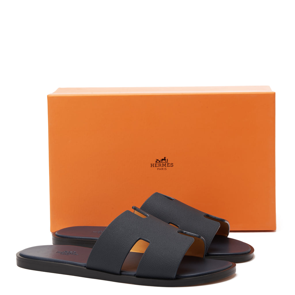 Navy Hermas Leather H Cut Slides Luxury Sandal