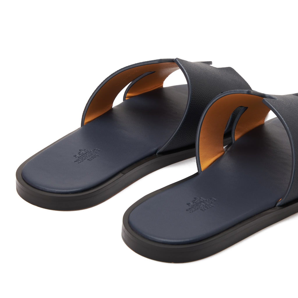 Navy Hermas Leather H Cut Slides Luxury Sandal