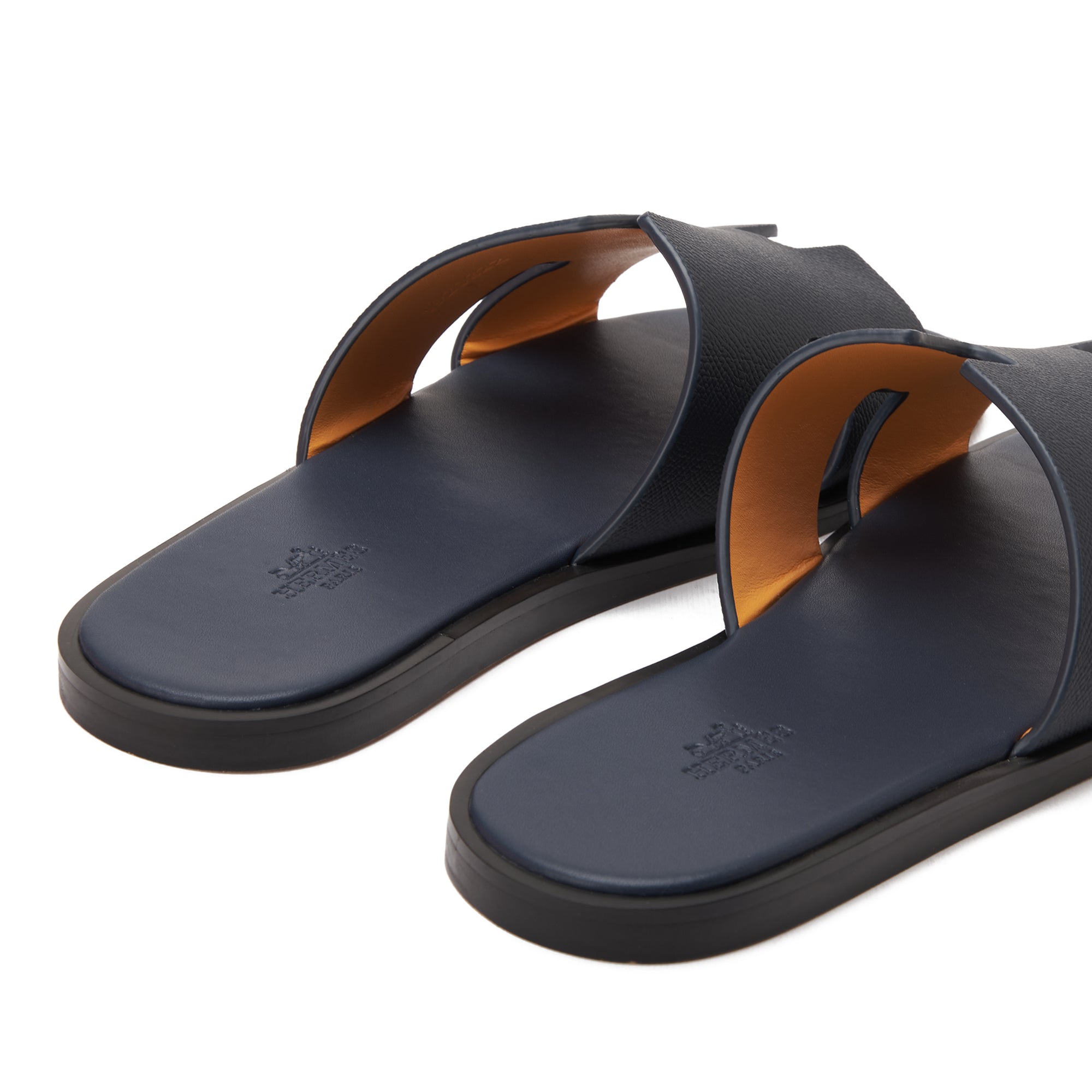 Navy Hermas Leather H Cut Slides Luxury Sandal