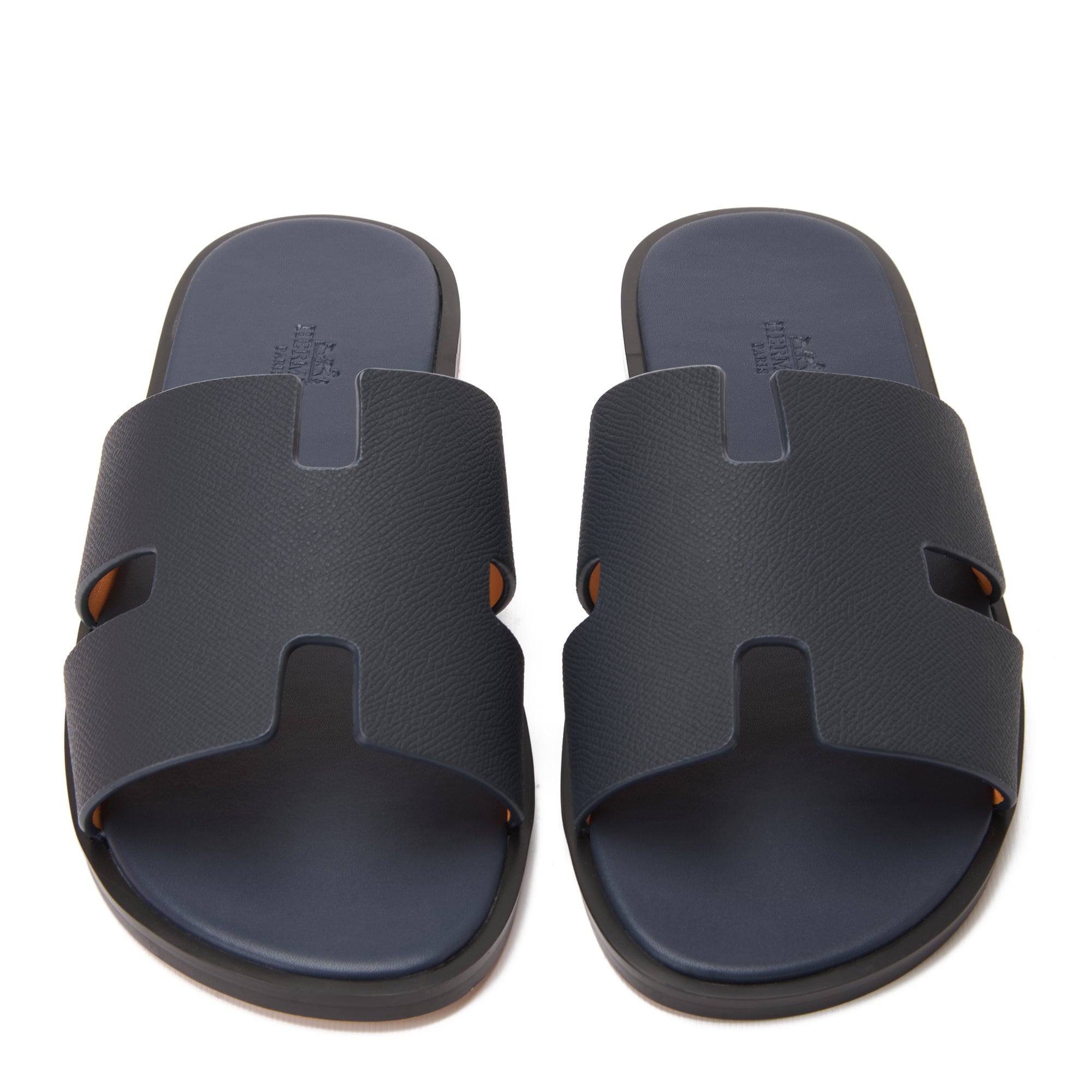 Navy Hermas Leather H Cut Slides Luxury Sandal