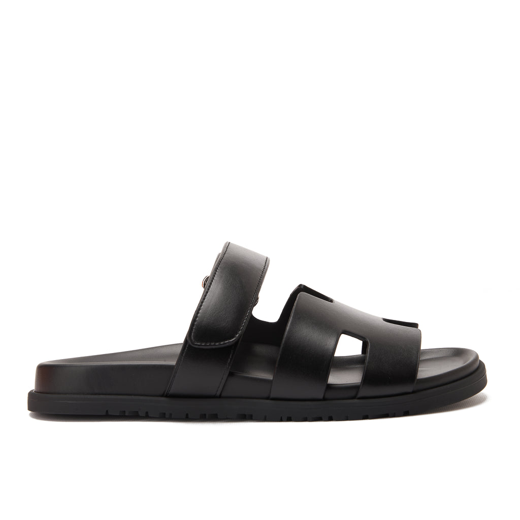 Black Hermas In Calfskin With Anatomical Rubber Sole Slides Luxury Sandal