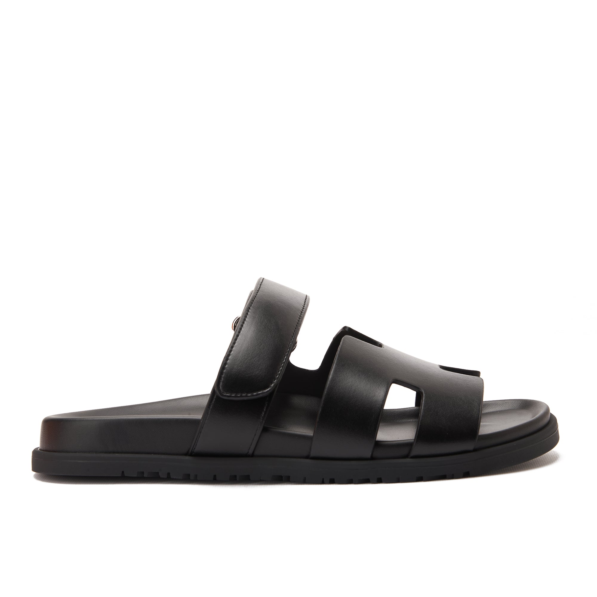 Black Hermas In Calfskin With Anatomical Rubber Sole Slides Luxury Sandal