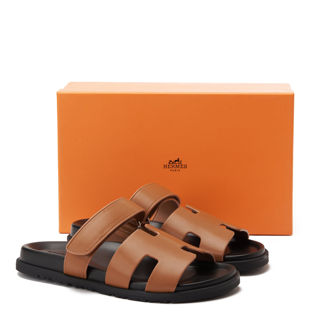 English Tan Hermas In Calfskin With Anatomical Rubber Sole Slides Luxury Sandal